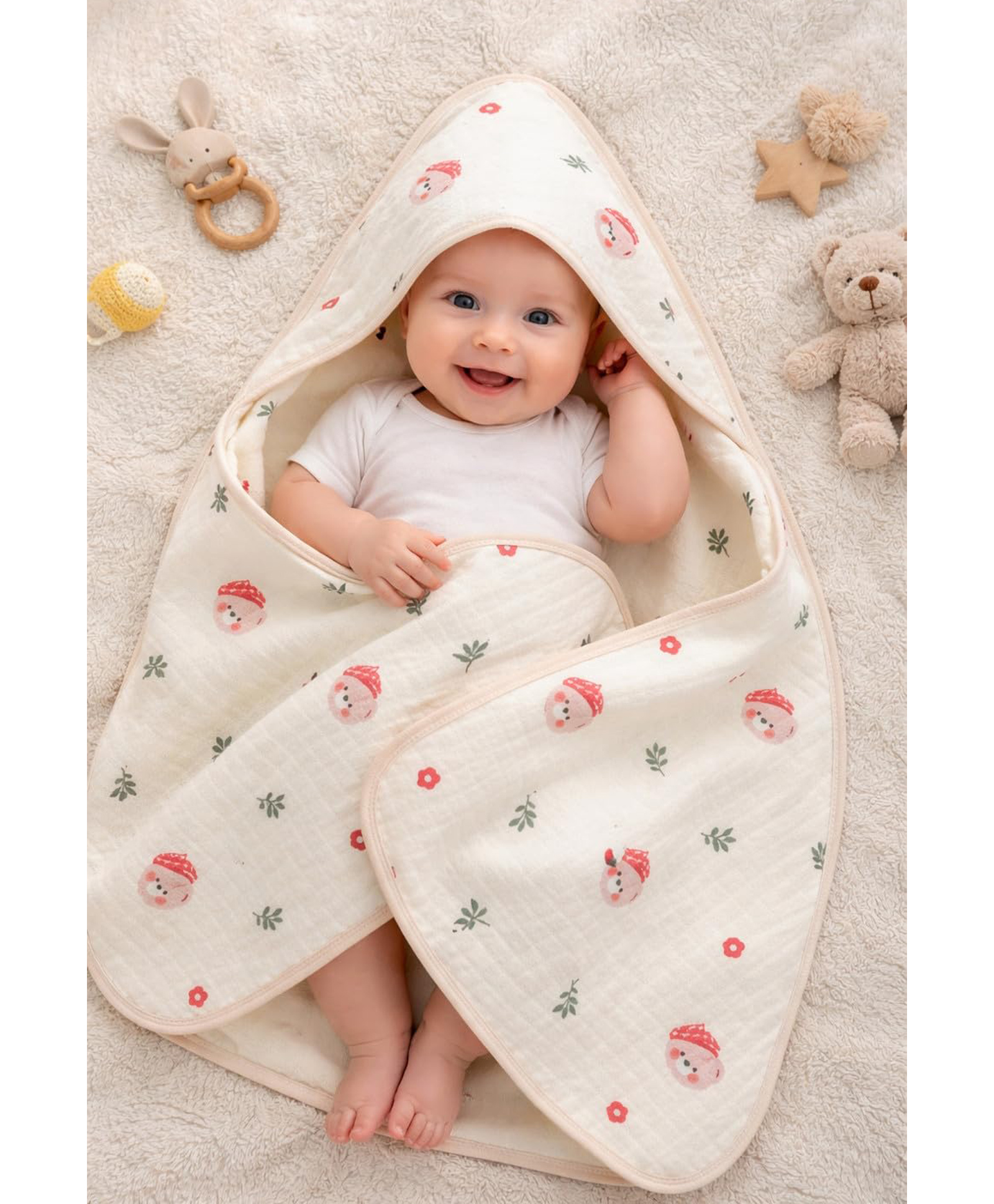 Teri Beri Baby Hooded Towel Soft Organic Cotton Baby Bath Towel with Hood, Ultra Absorbent Quick Dry Newborn Baby Blanket Wrap for Infants & Toddlers (80 x 80 cm) (Beige)-image-28