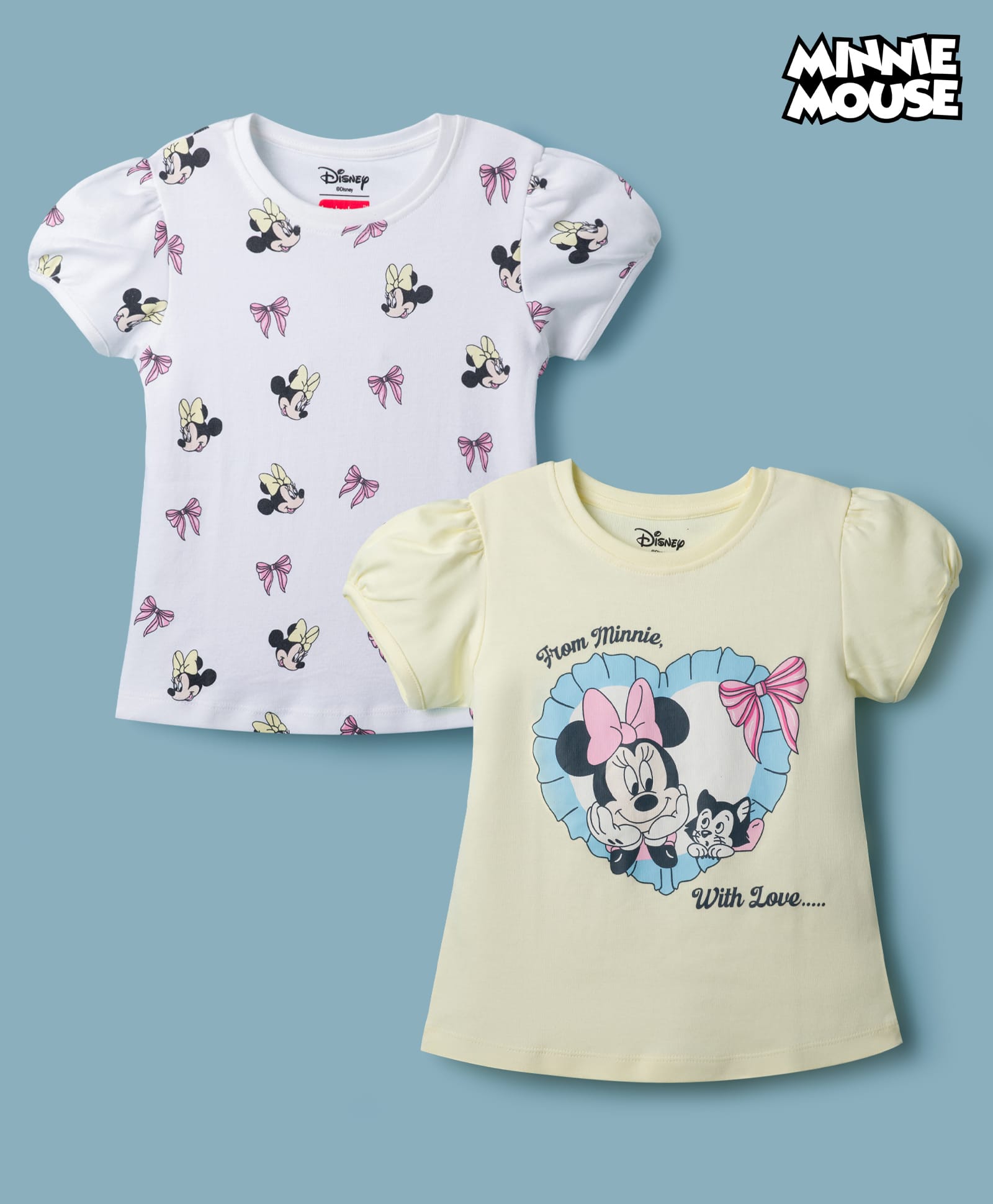 Babyhug Disney Single Jersey Knit Half Sleeves T-Shirts with Minnie Mouse Print Pack of 2 - White & Beige-image-49