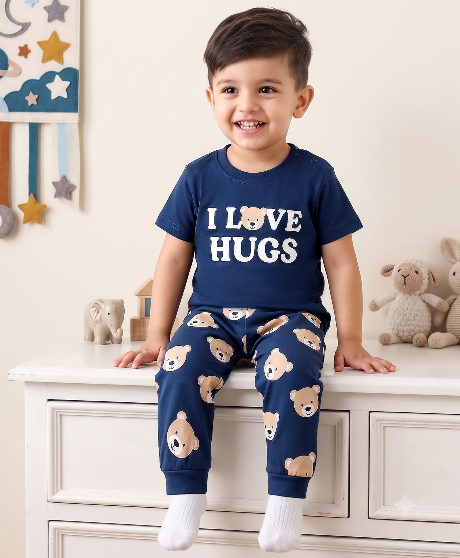 Babyhug Cotton Knit Half Sleeves T-Shirt & Pyjama Night Suit Bear & Text Print -Navy-image-30