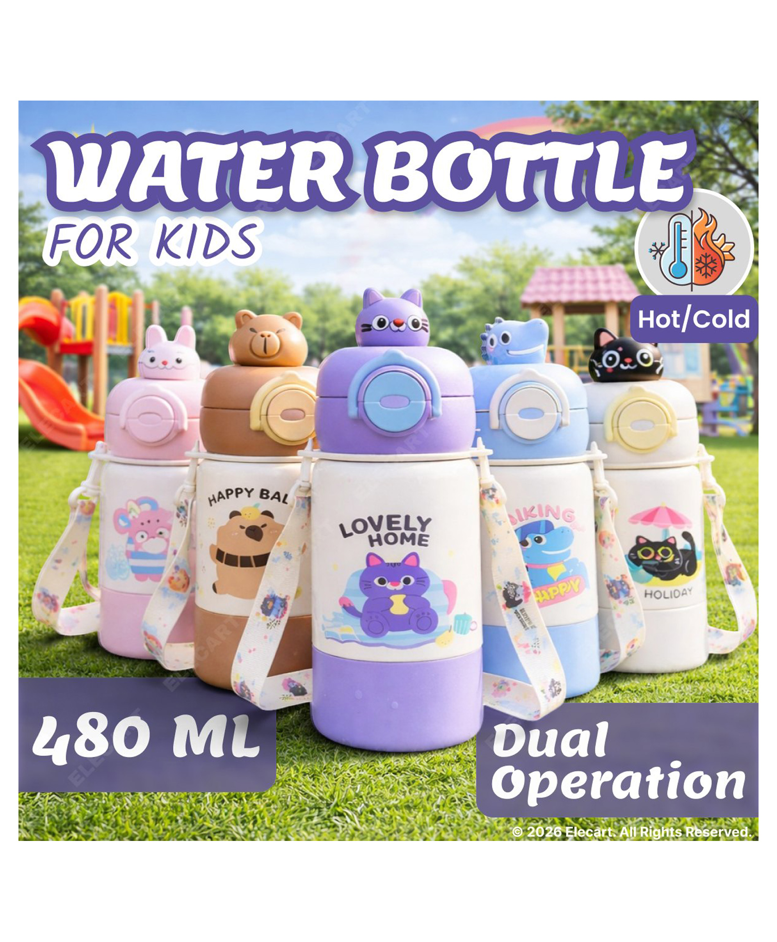 Elecart Kids Stainless Steel Water Bottle 480ml | Hot & Cold Vacuum Insulated Flask with Straw Sipper | One-Click Push Button, Leakproof Flip Top | Cartoon Printed (Pack 1 Random Colour/Design)-image-42
