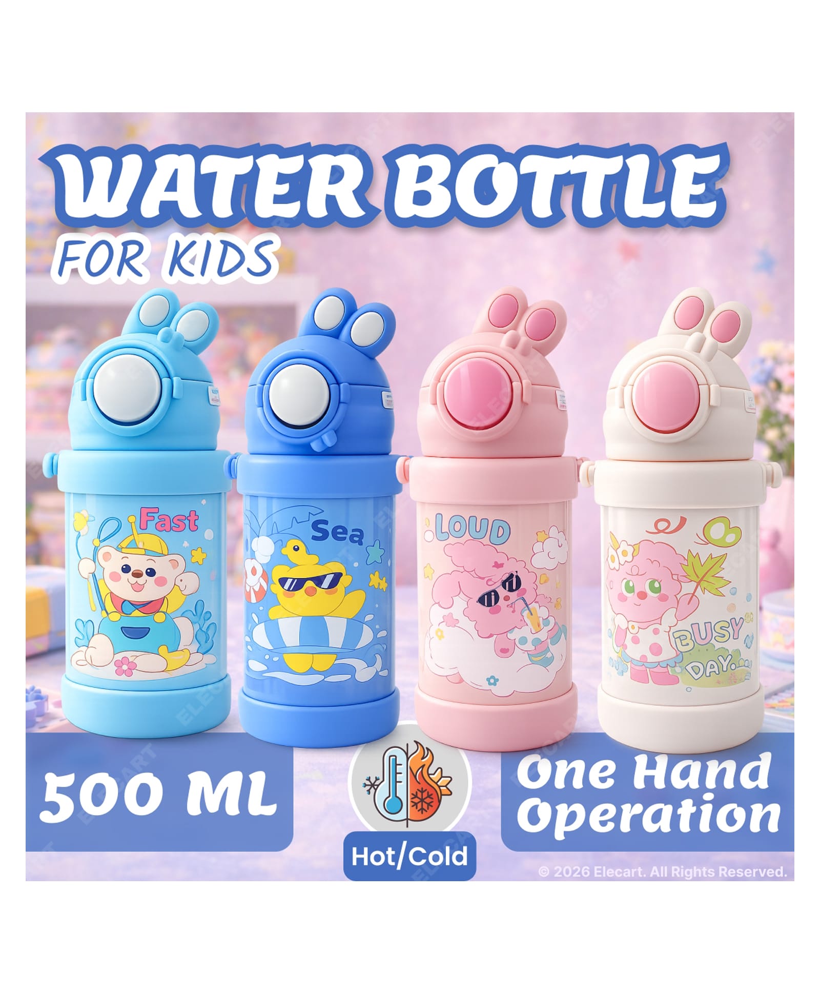 Elecart Stainless Steel Water Bottle 500 ml | Hot & Cold Vacuum Insulated Flask with Straw Sipper | One-Click Push Button, Leakproof Flip Top | Cartoon Printed Bottle (Pack 1 Random Colour/Design)-picture-23