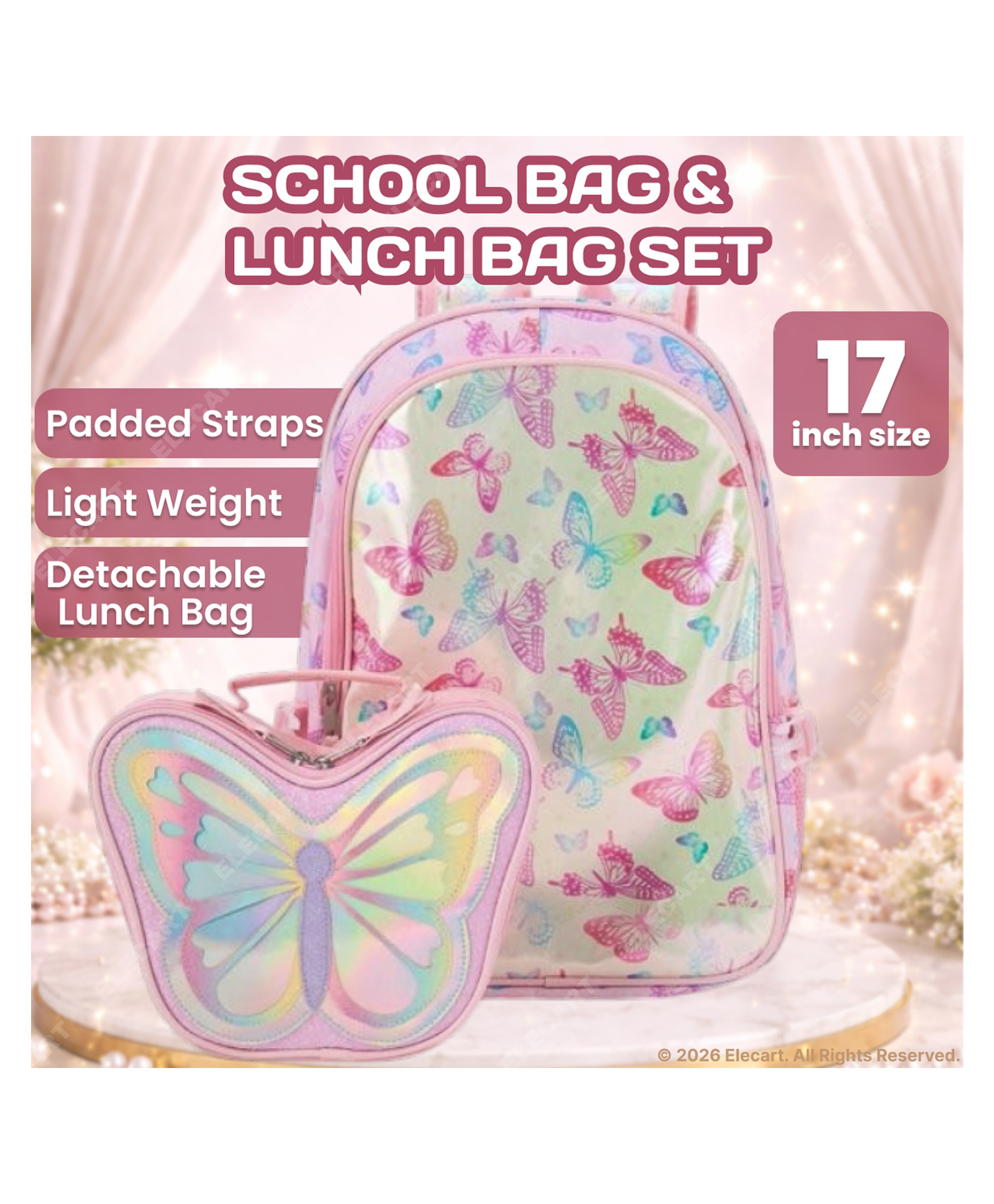 Elecart 17 Inches Butterfly Backpack & Shaped Lunch Box Set for Girls School Bag with Insulated Lunch Bag Cute Kids Backpack with Laptop Sleeve, Water Bottle Pocket, Padded Straps School Bag Combo-picture-4