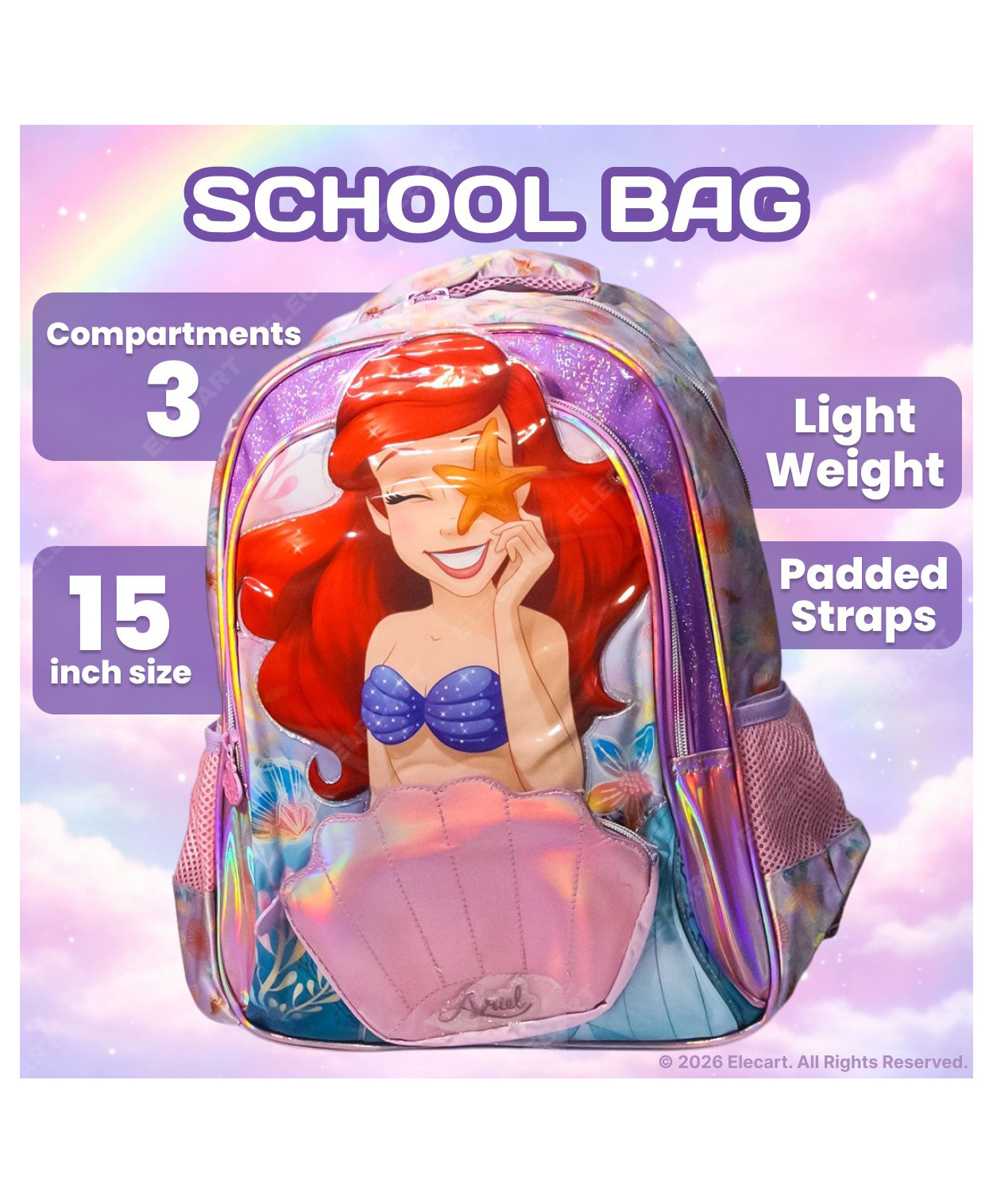 Elecart 15 Inches Mermaid Backpack for Kids | 3 Compartments School Bag | Water Resistant Lightweight Travel Backpack | Durable Book Bag for Boys & Girls | Daily Use-image-22