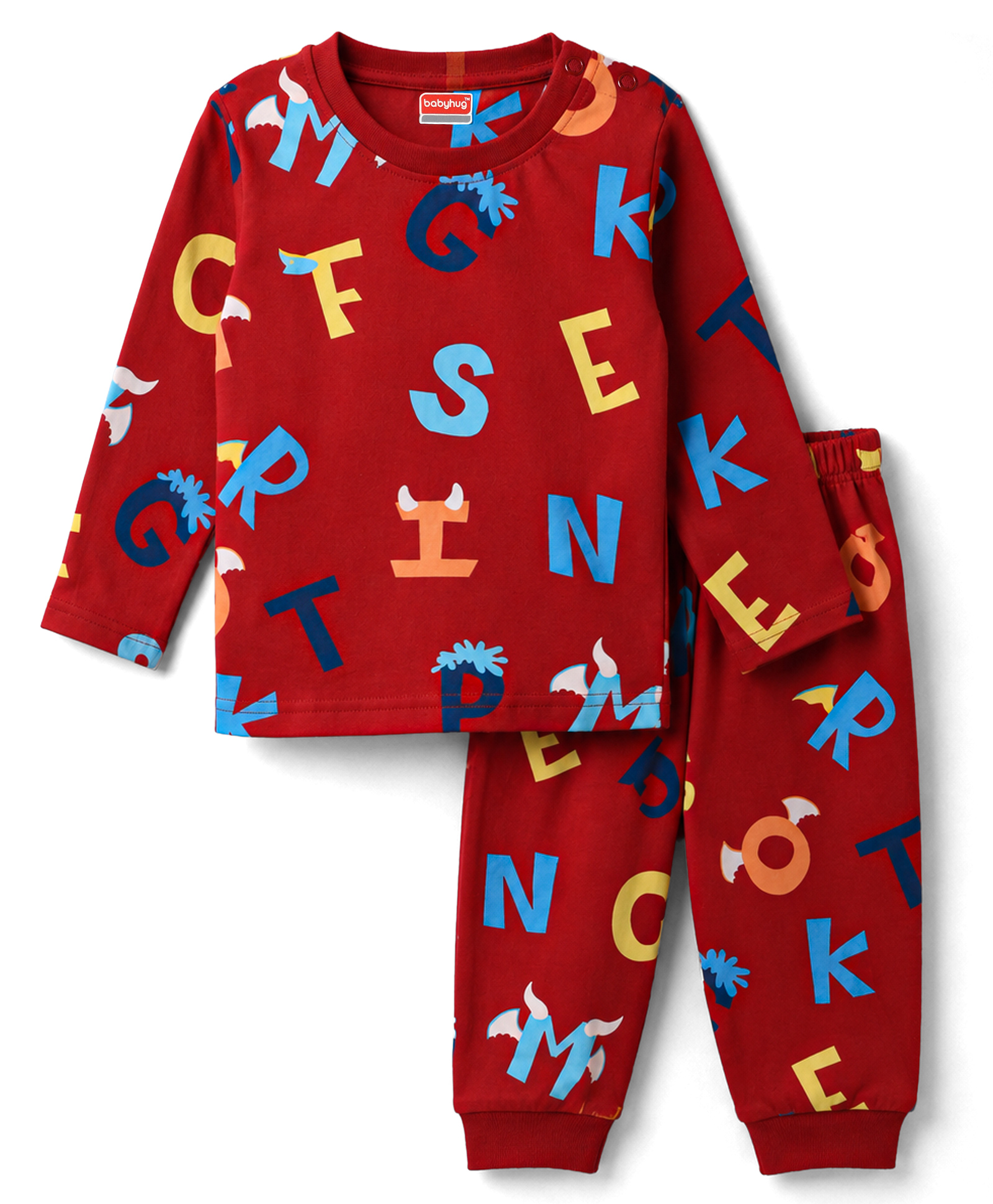 Babyhug Cotton Knit Full Sleeves Alphabet Printed Co-Ords T-Shirt & Pyjama Night Suit - Dark Red-image-29