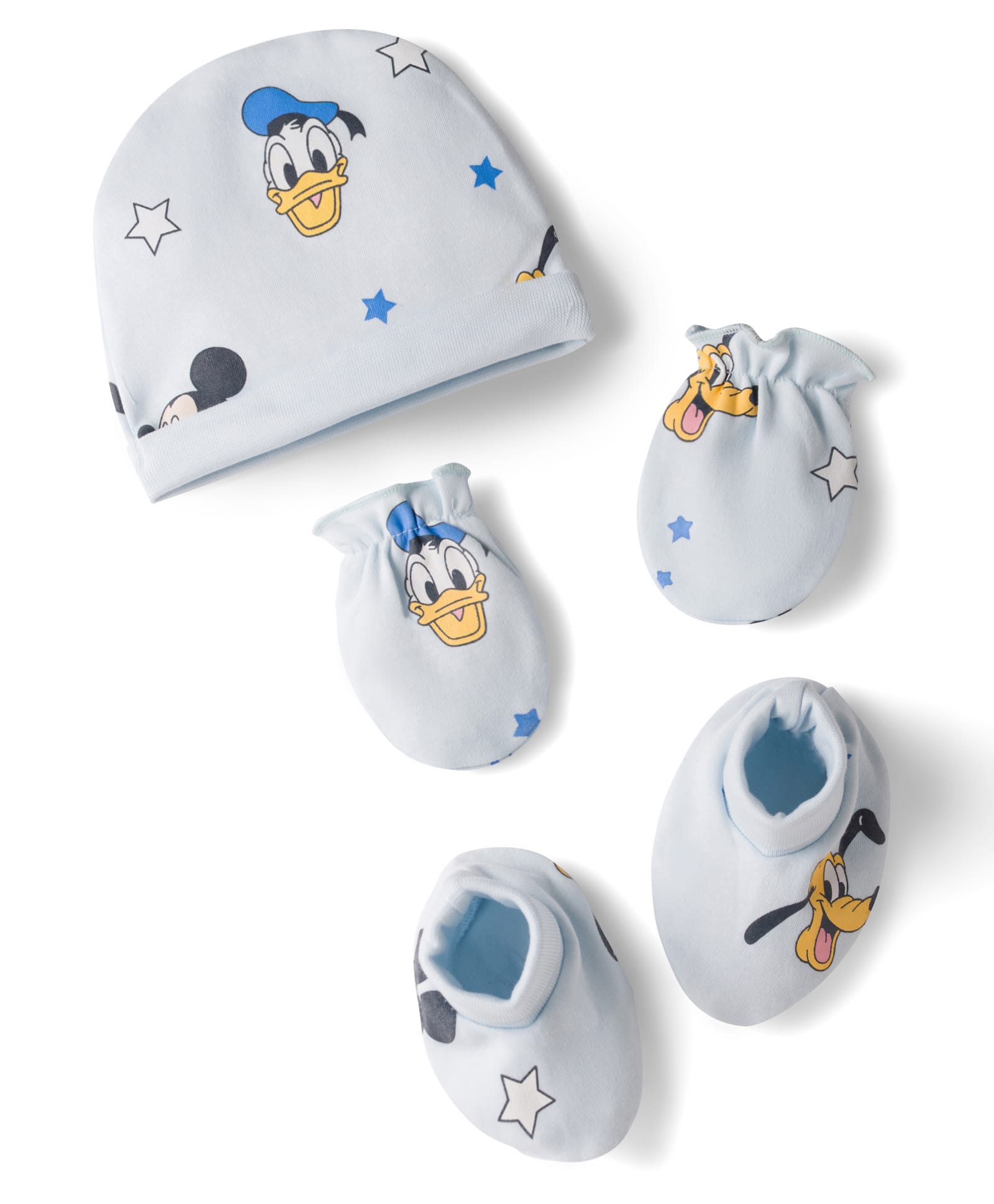 babyhug disney interlock knit cap, mitten & booties set with mickey mouse graphics light blue - diameter 15 cm