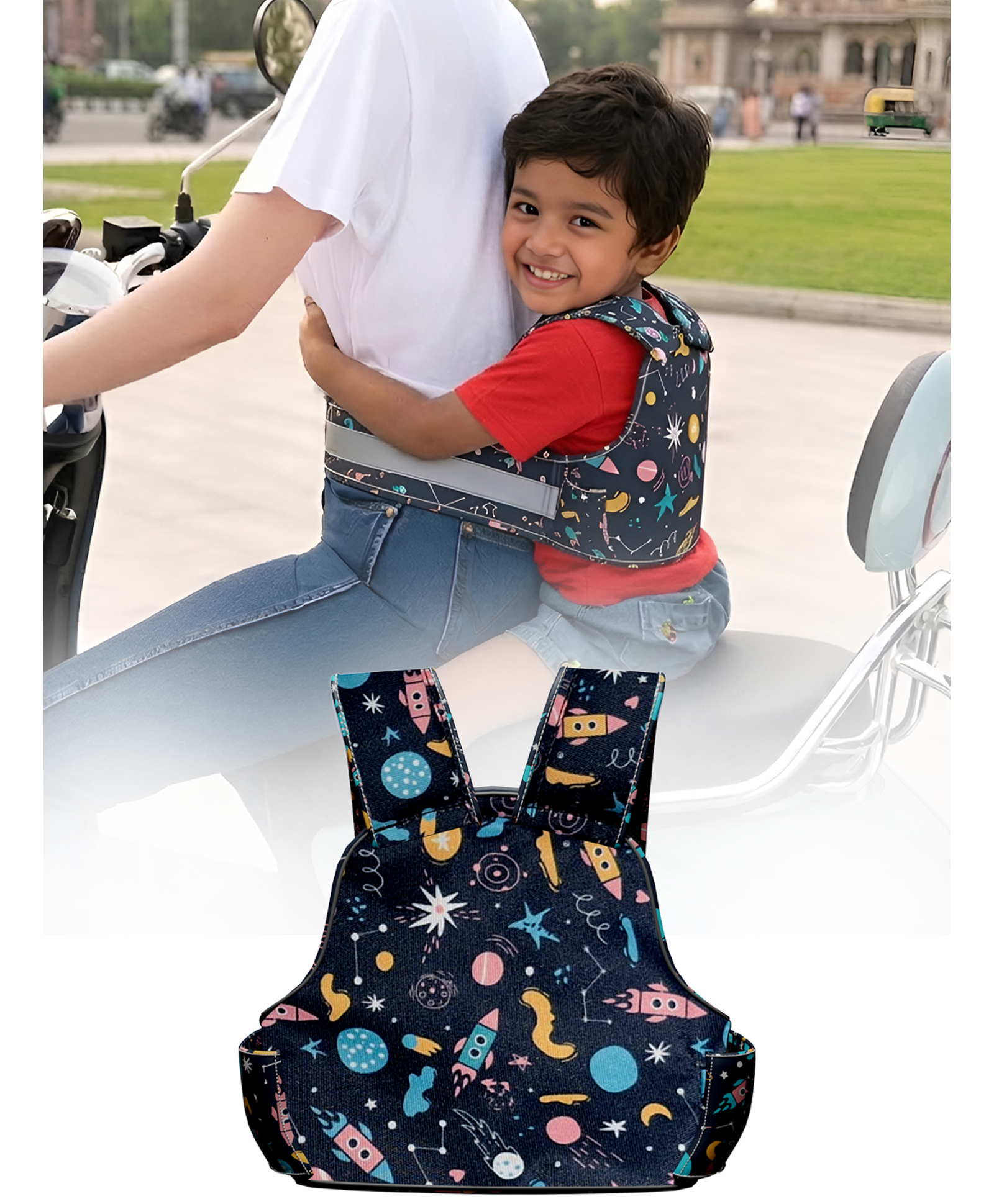 Polka Tots Navy Blue Two-Wheeler Motorcycle Child 4 Point Safety Harness Kids Carrier With Adjustable Seat Belt, Cushioning, & Breathable Cotton Material - Space Print-image-21