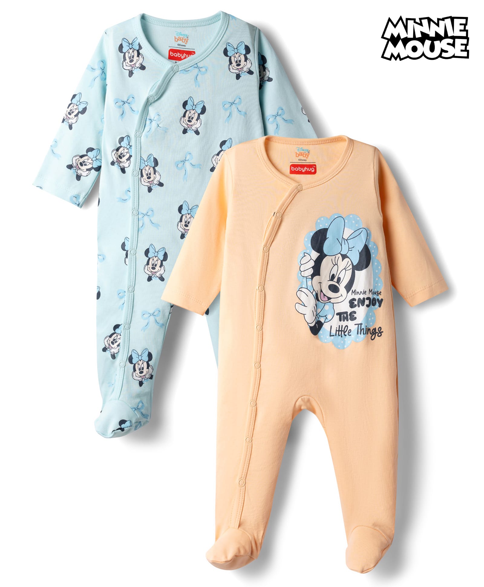 Babyhug Disney Interlock Knit Full Sleeves Footed Night Suit with Minnie Mouse Graphics Pack of 2 - Peach & Sky-picture-18