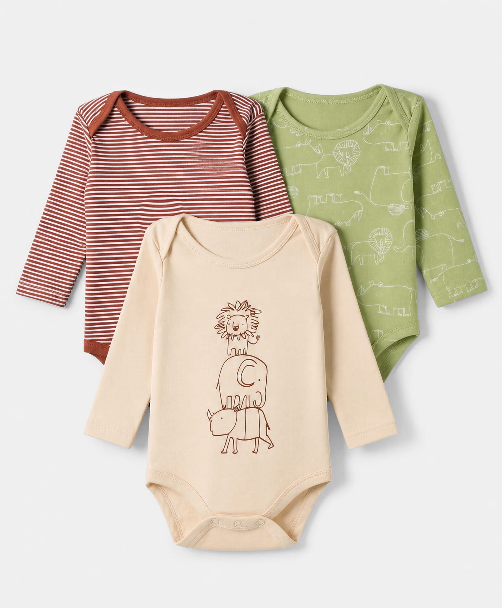 Babyhug 100% Cotton Interlock Knit Full Sleeves Striped Onesies With Animal Print Pack of 3 - Green, Red & Beige-image-21