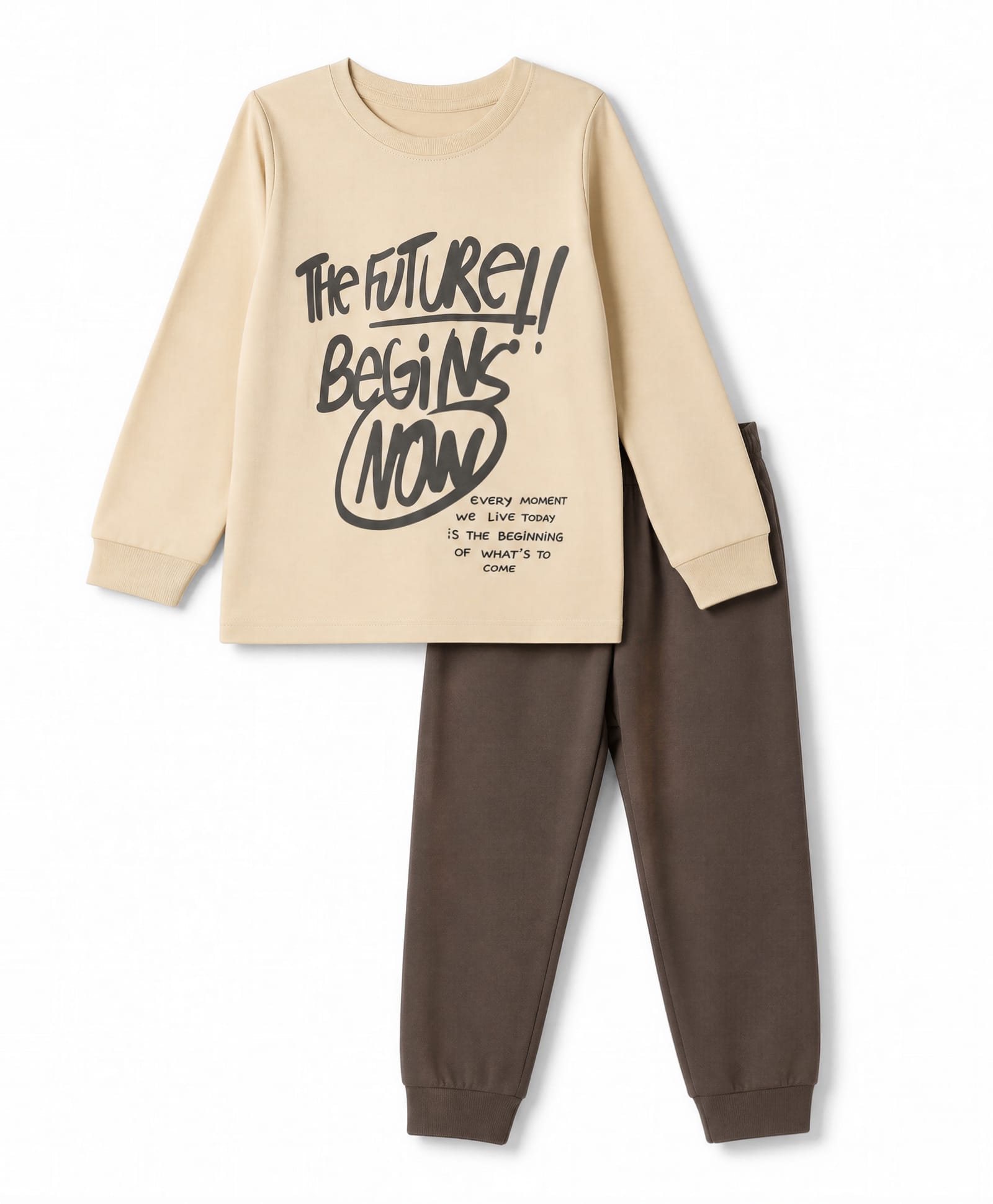 Primo Gino 100% Cotton Knit Full Sleeves T -Shirt & Pyjama Night Suit with Text Print - Beige & Brown