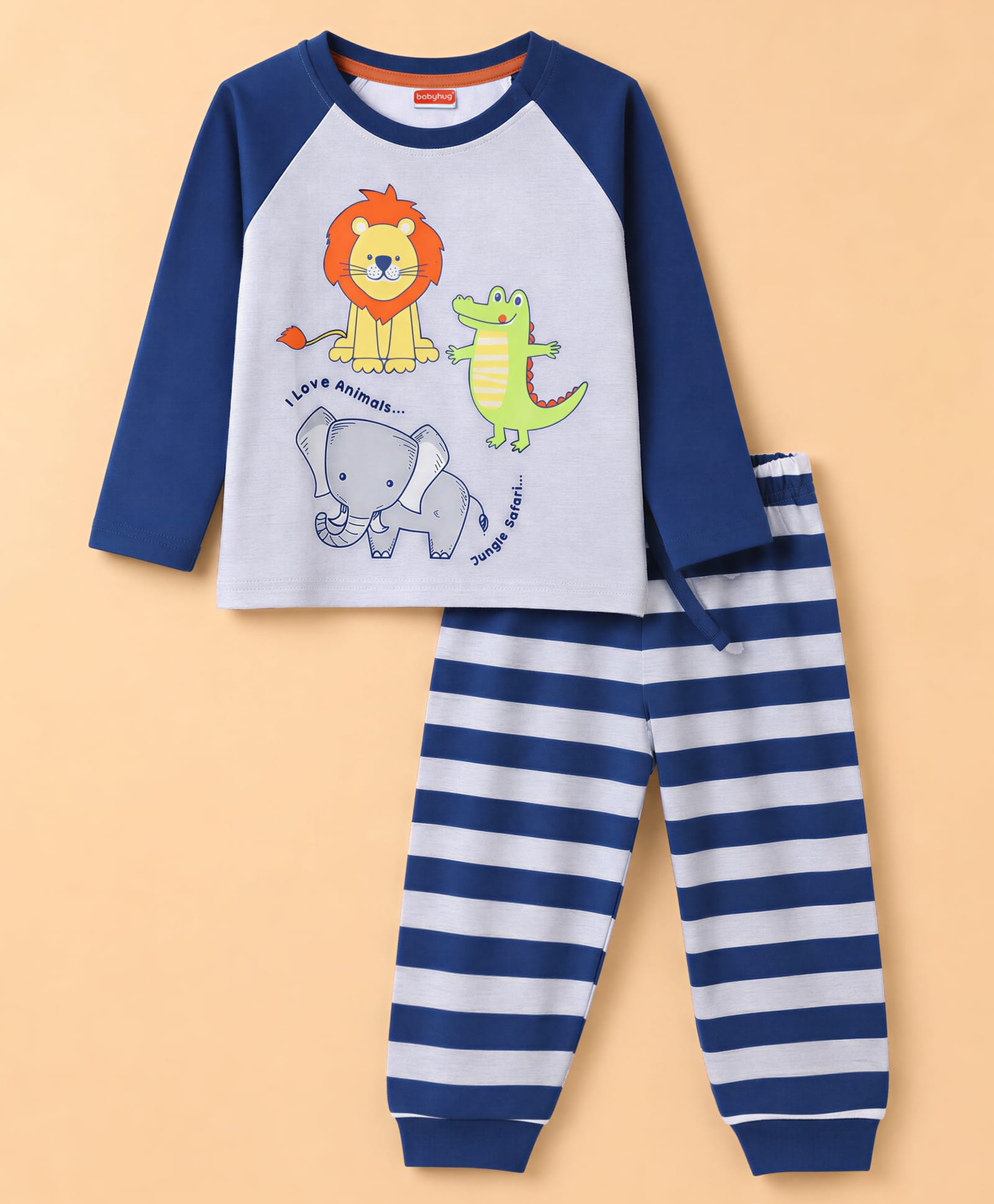 Babyhug Cotton Knit Full Sleeves T-Shirt & Striped Pyjama Night Suit With Animal Print - Navy / Grey-image-48