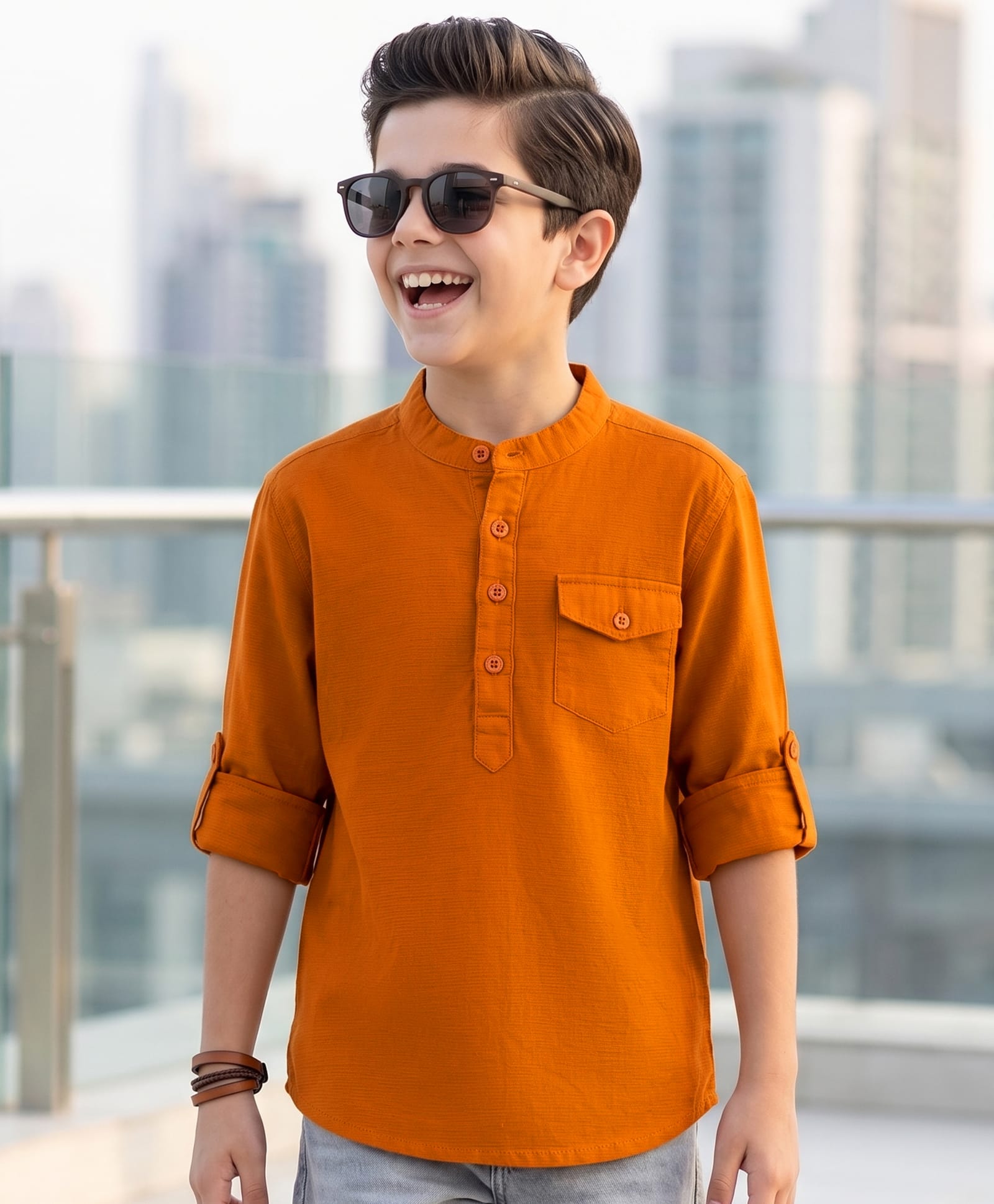 Pine Kids Cotton Woven Full Sleeves Mandarin Collar Solid Kurta Shirt - Orange-picture-17