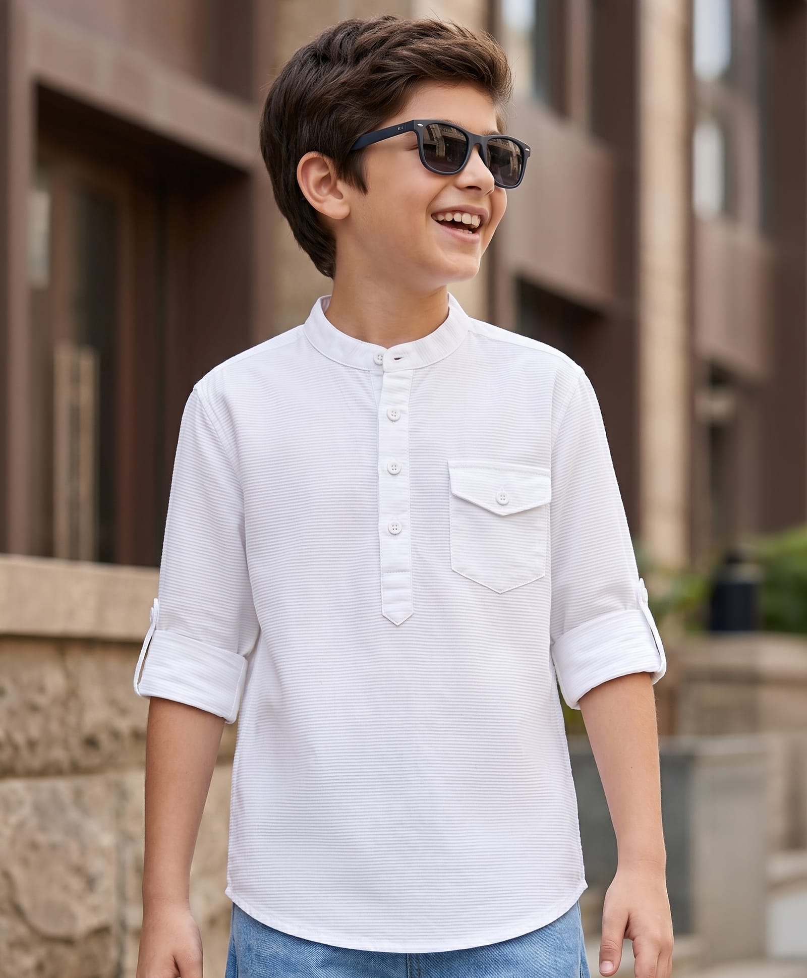Pine Kids Cotton Woven Full Sleeves Mandarin Collar Solid Kurta Shirt - White-image-39