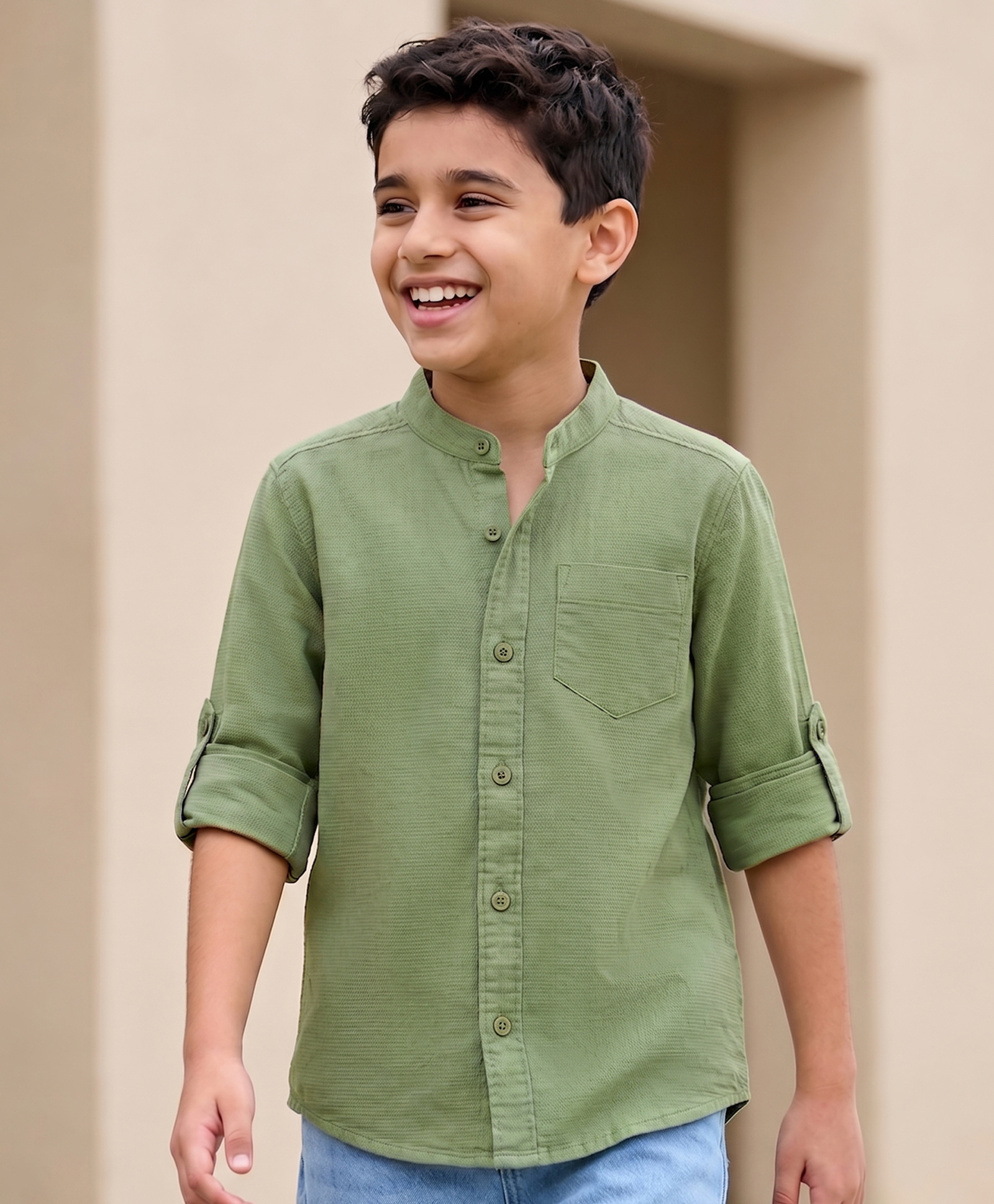 Pine Kids Cotton Woven Solid Shirts Mandarin Collar Full Sleeves Light Green 6-7 Years-image-49
