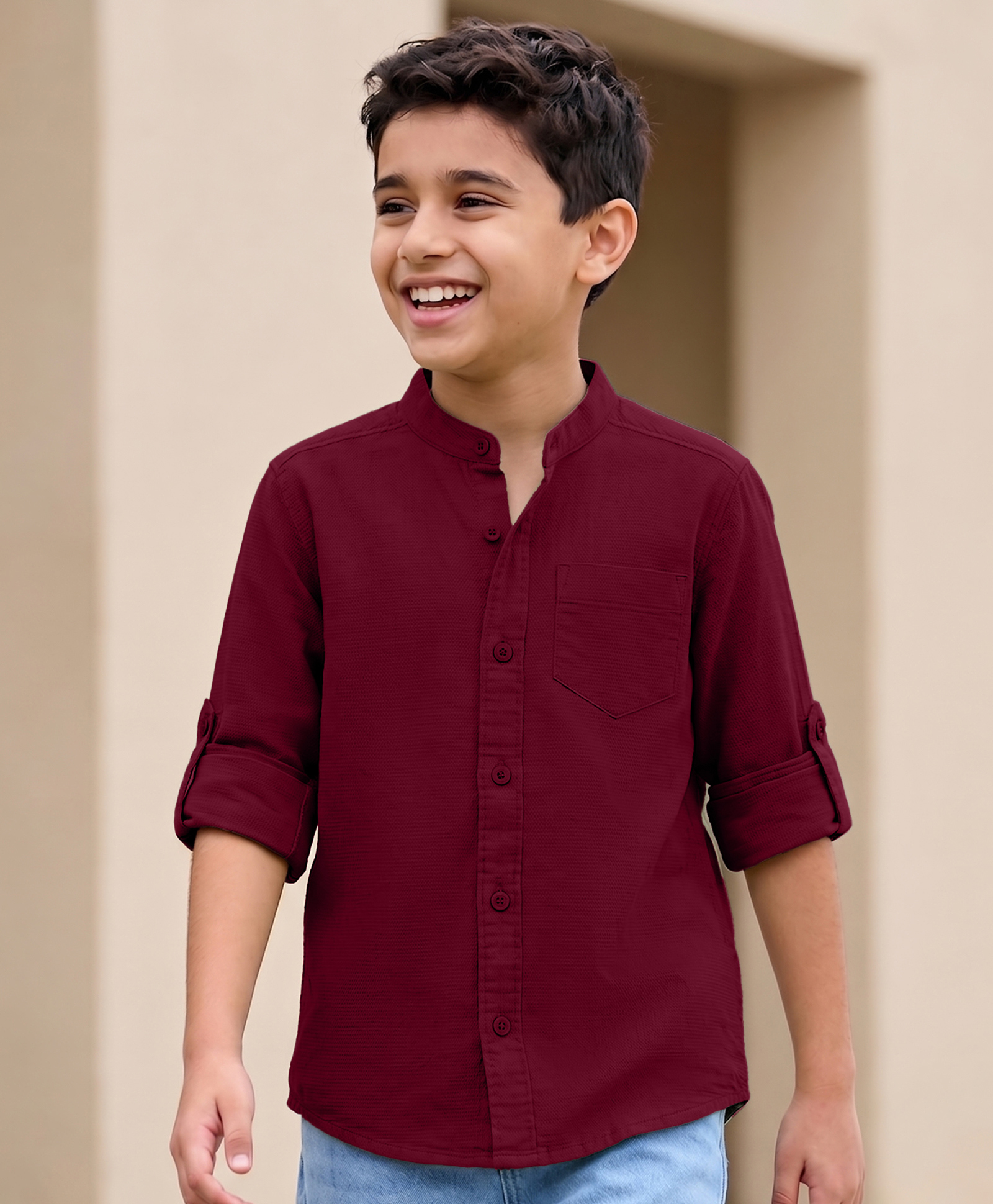 Pine Kids Cotton Woven Solid Shirts Mandarin Collar Red 7-8 Years-image-4