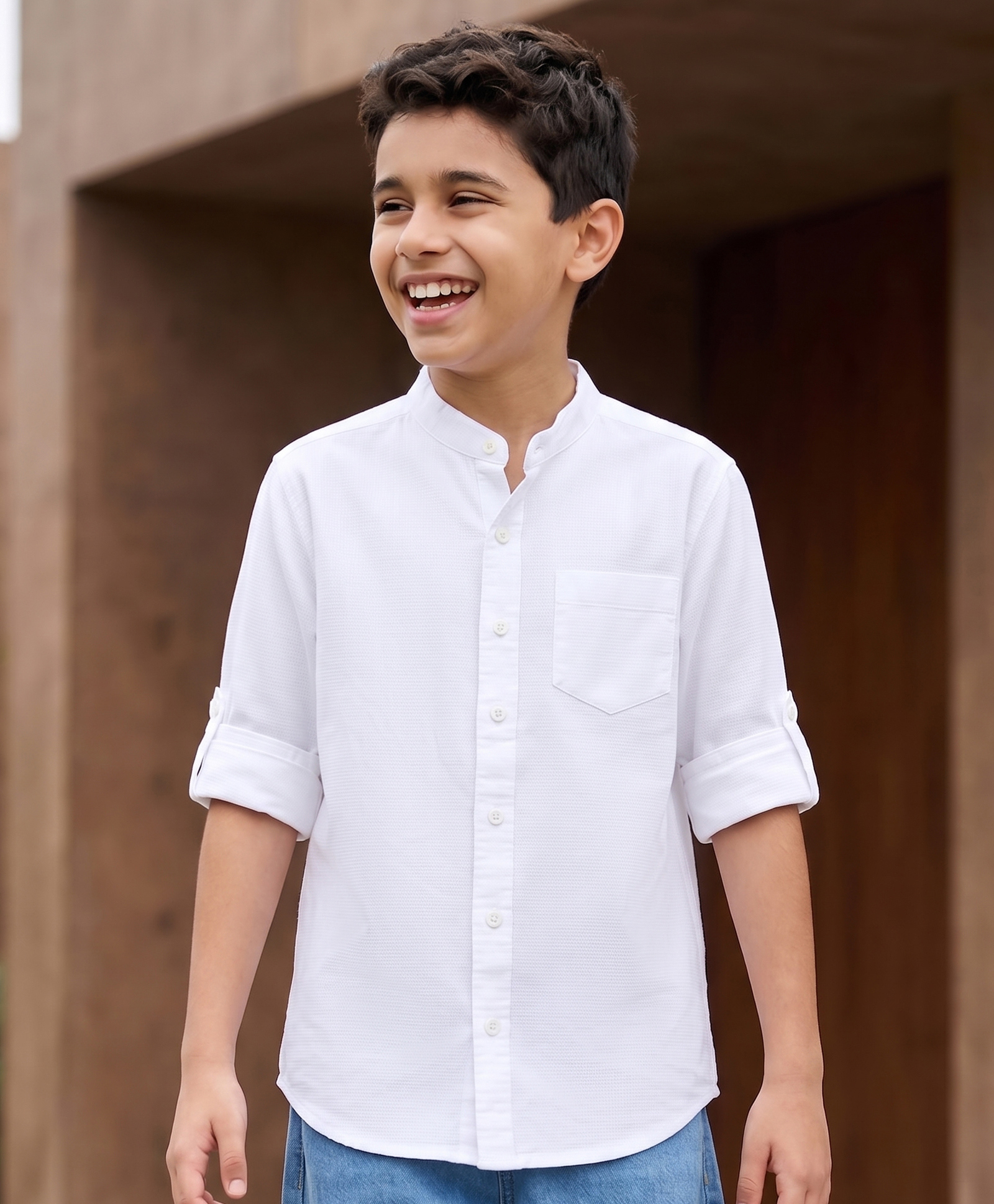 Pine Kids Cotton Woven Solid Shirts Mandarin Collar Roll Up Sleeves White 6-7 Years-image-6