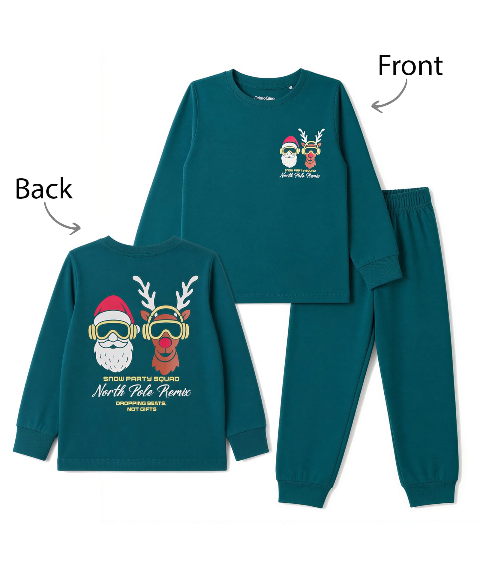 Primo Gino 100% Cotton Knit Full Sleeves T-Shirt & Pyjama Night Suit With Christmas Theme Print - Dark Green-image-49