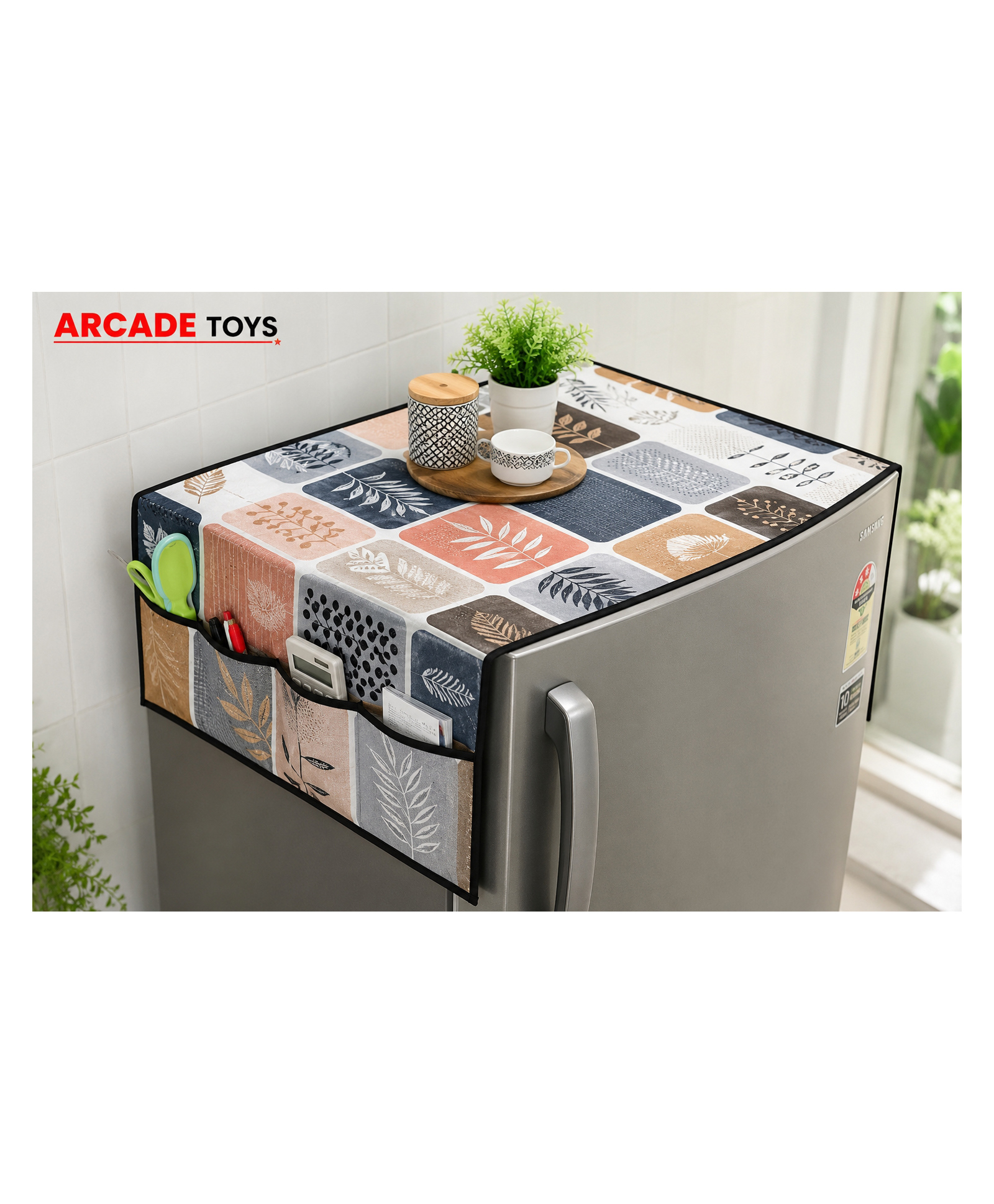 ARCADE TOYS Premium Printed Refrigerator Top Cover Waterproof Dust-Proof Fridge Cover with Utility Pockets (Multicolour)-image-3