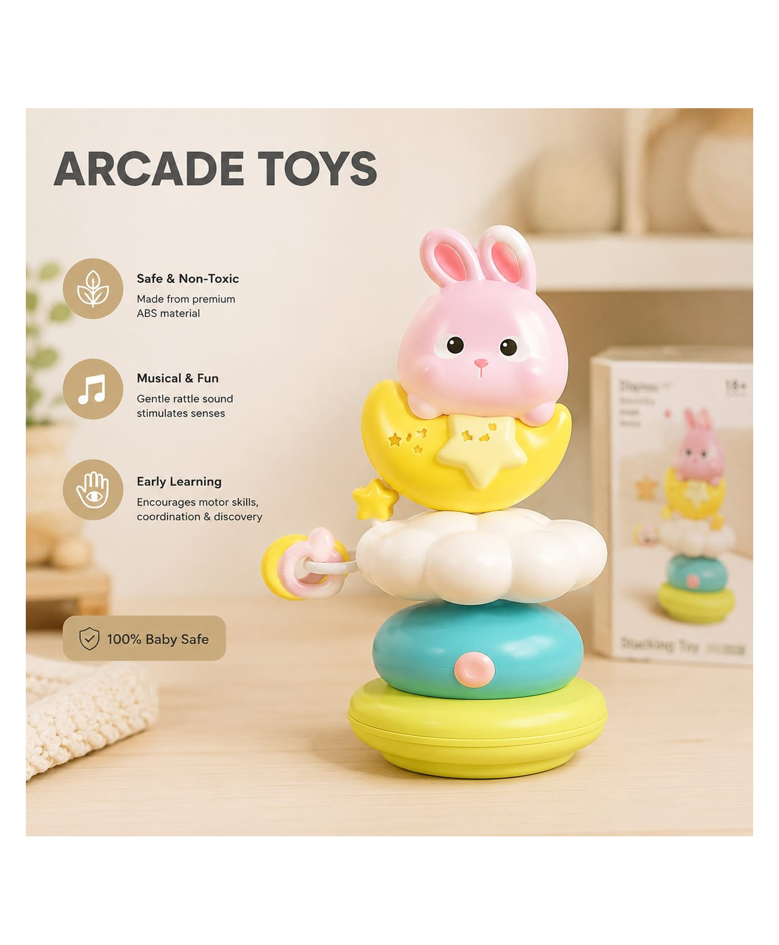 ARCADE TOYS Rabbit Stacking Suction Musical Toy Spinner for Babies Rattle, Montessori Educational Learning Toy, - Pink & Blue-image-22