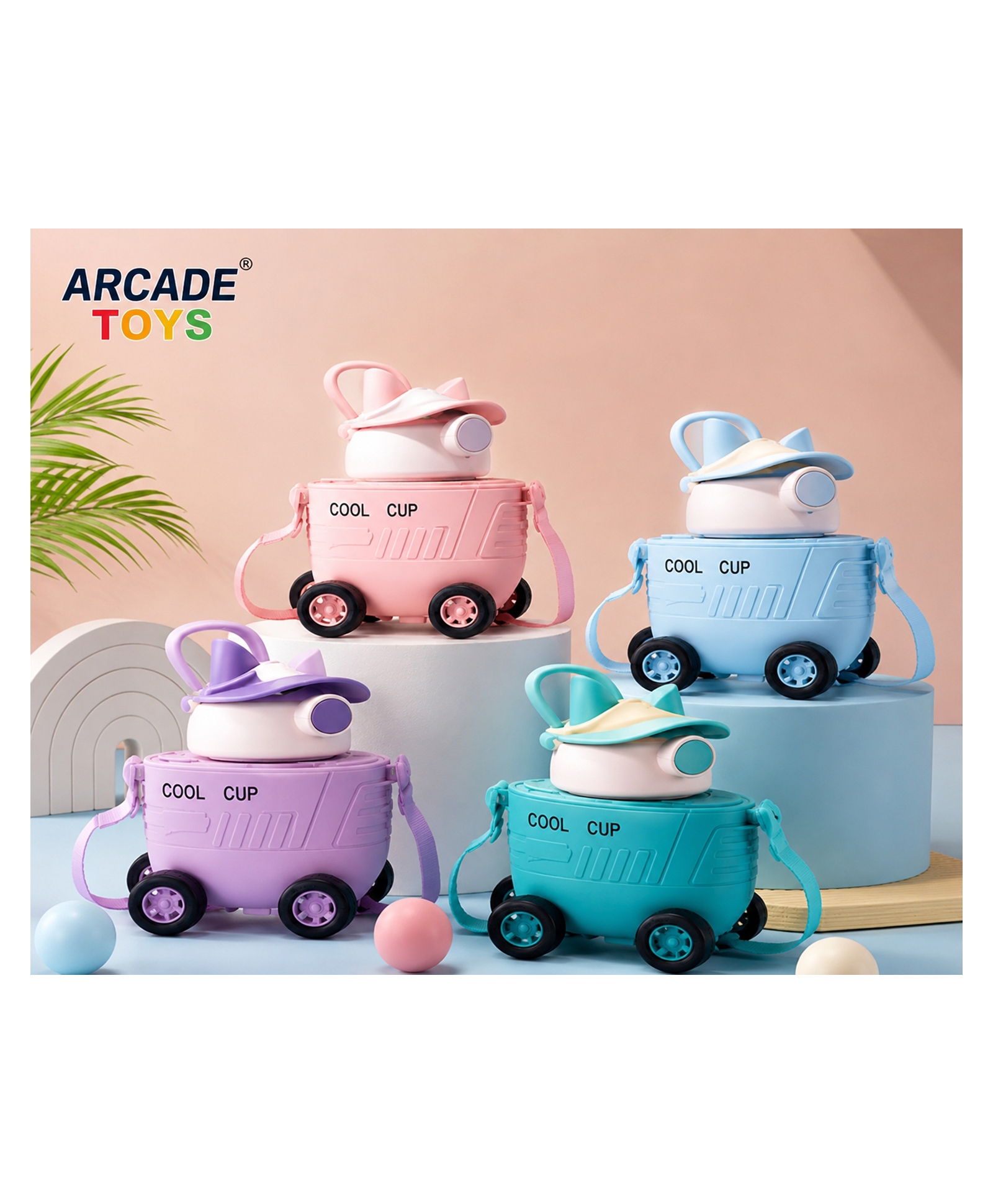 ARCADE TOYS Cool Cup Kids Car Water Bottle with Wheels & Shoulder Strap - 500 ml (Multicolour)-picture-44
