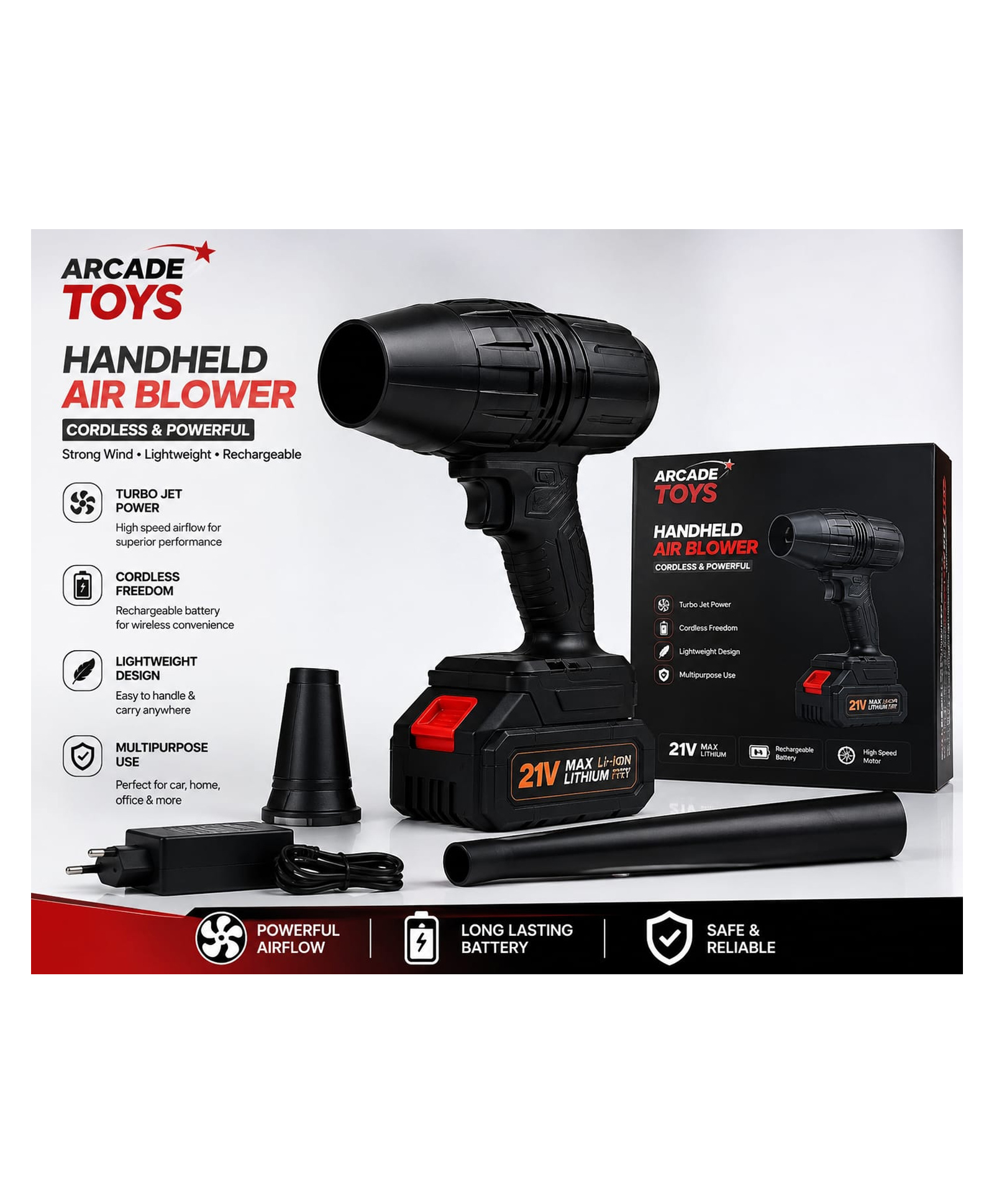 ARCADE TOYS Handheld Electric Portable Air Blower, Cordless Turbo Jet Air Blower with Rechargeable Battery & Charger - Black-image-11