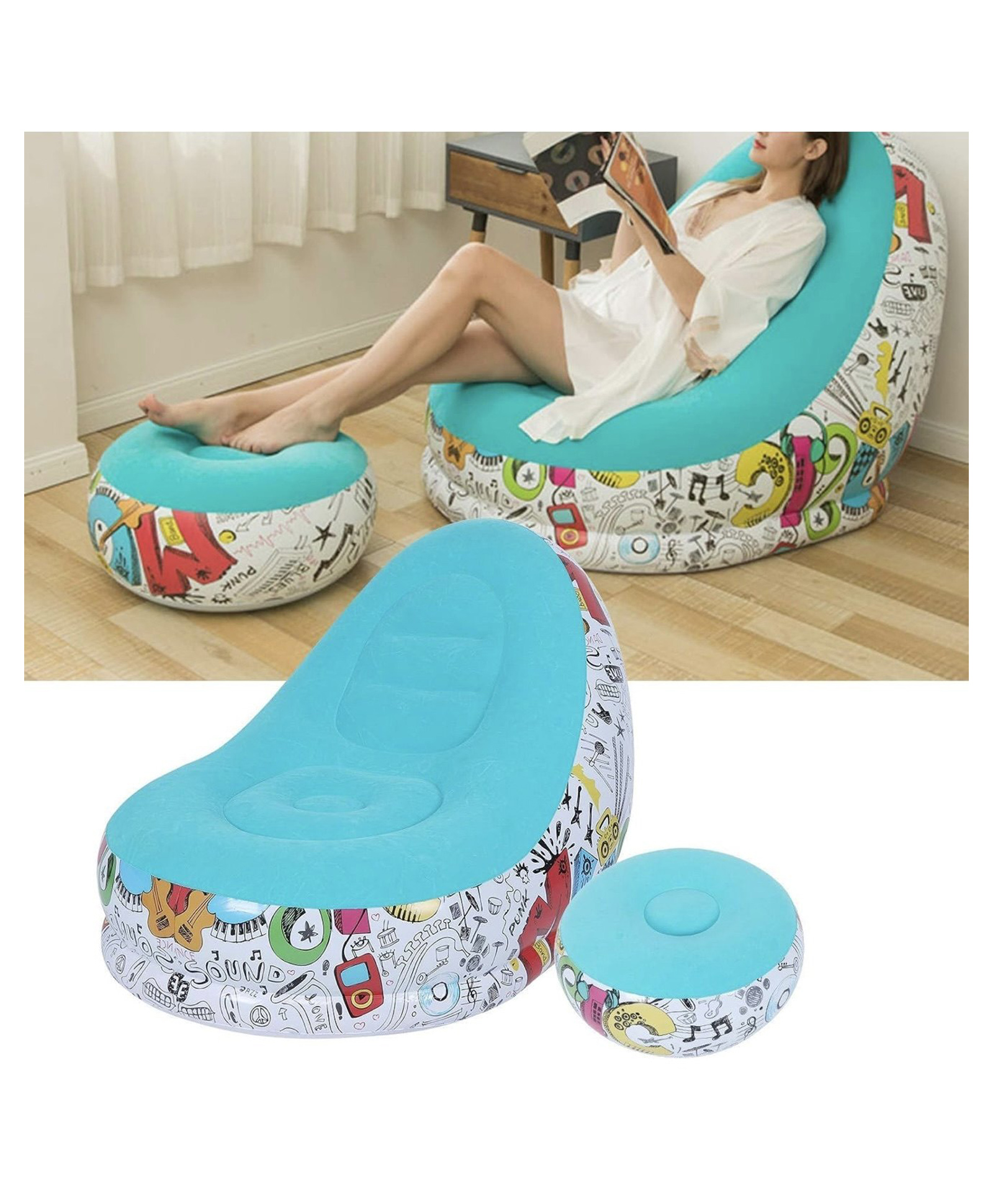 ARCADE TOYS Inflatable Deck Chair with Household air Pump, Lounger Sofa for Indoor Living Room Bedroom, Outdoor Travel Camping Picnic-PACK OF1-MULTICOLOUR-picture-18