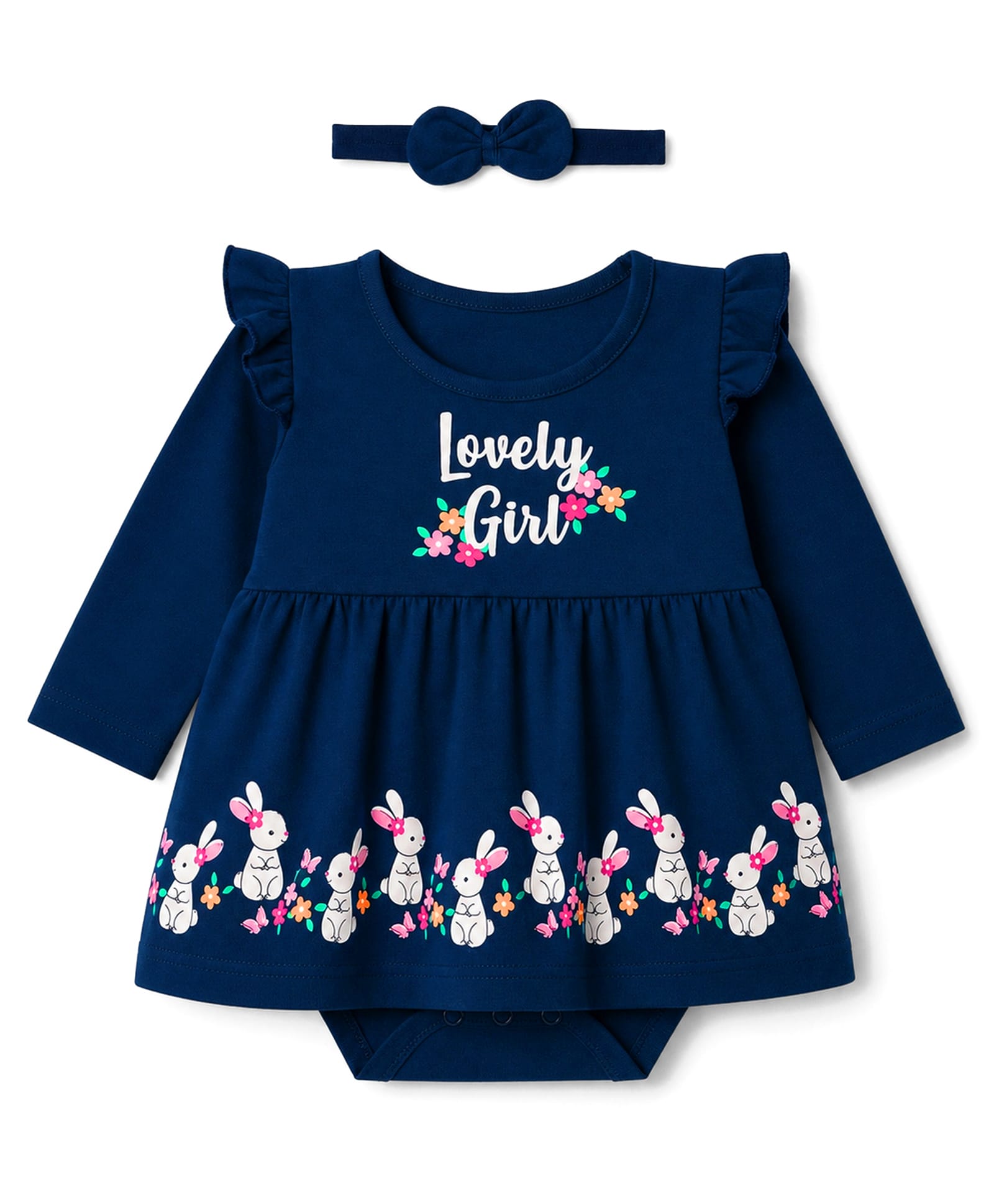 Babyhug 100% Cotton Interlock Knit Full Sleeves Text & Bunny Printed Onesie With Hairband - Navy-picture-12
