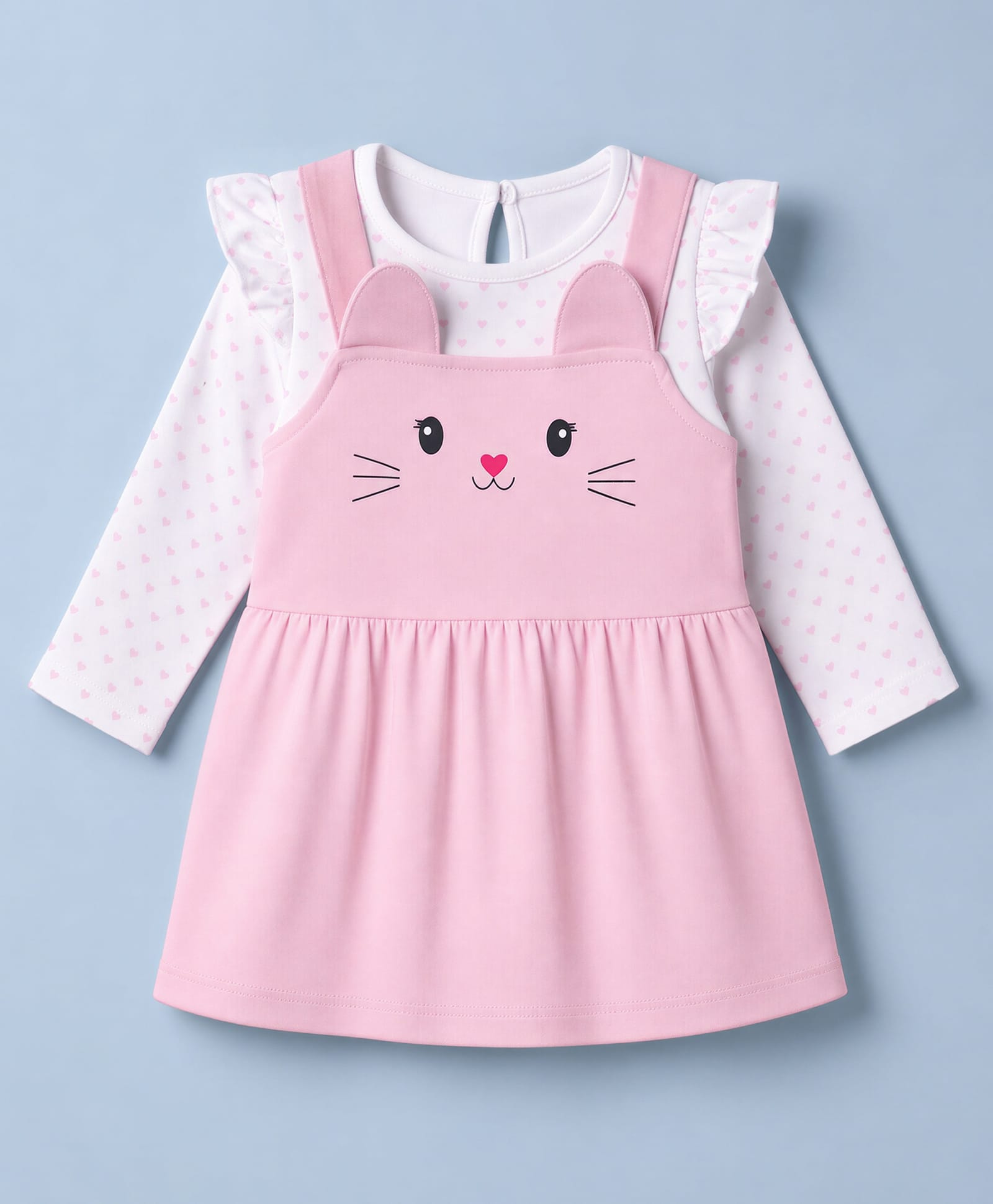 Babyhug 100% Cotton Knit Full Sleeves Hearts Printed Tee & Frock Style Onesie Set - Pink-image-36