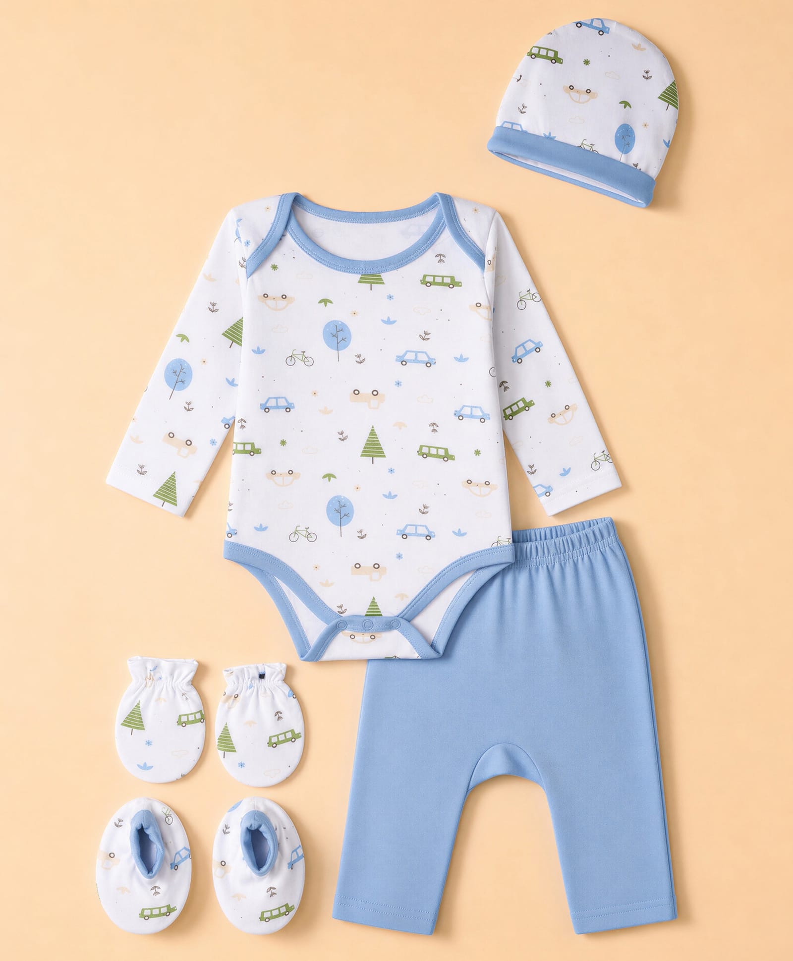 Babyhug 100% Cotton Interlock Knit Full Sleeves Onesies with Leggings & Cap Mittens & Booties With Vehicle Print - Light Blue-image-38