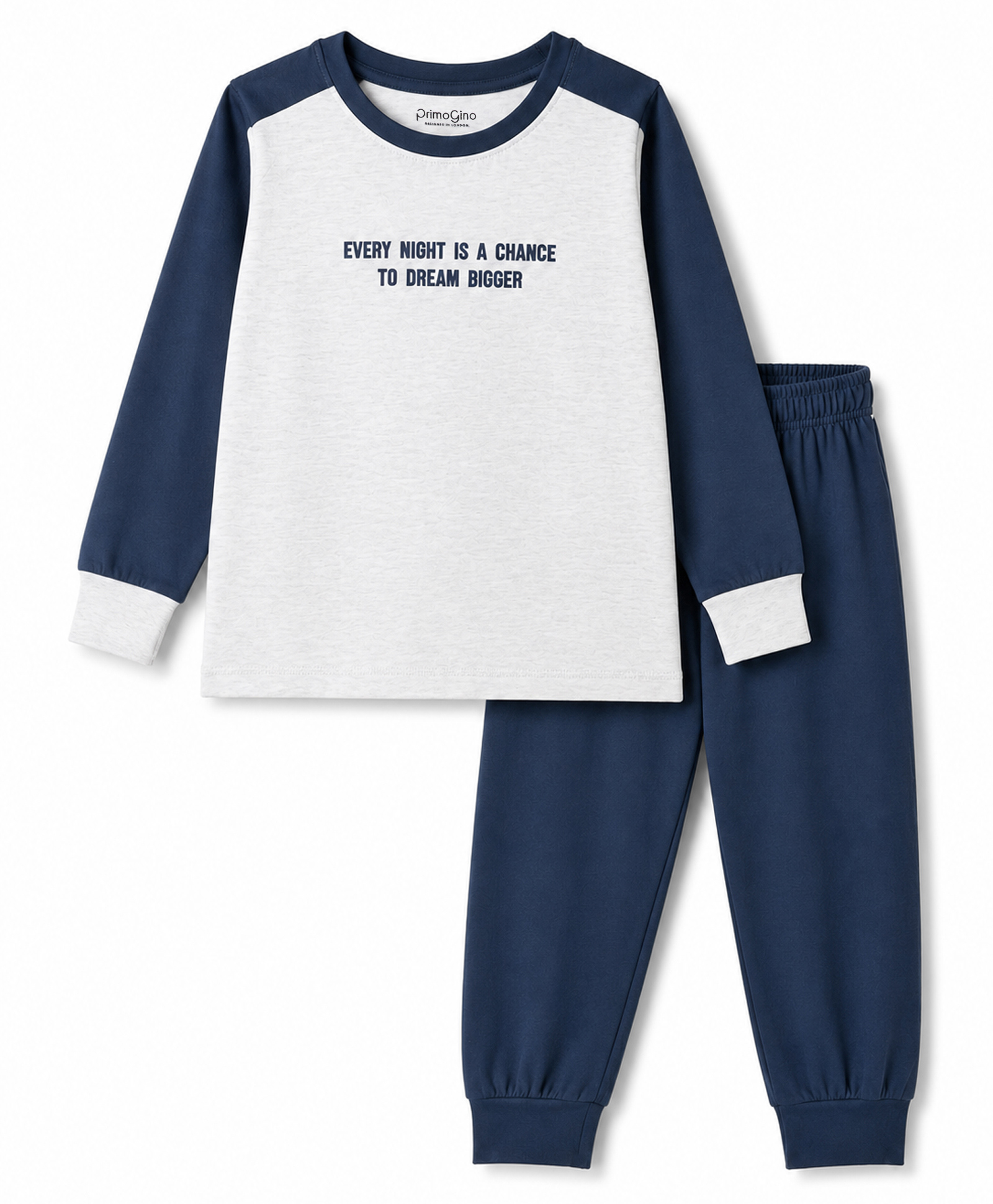 Primo Gino Cotton Knit Color Block Full Sleeves Text Print T -Shirt With Solid Pyjama Night Suit- Grey & Blue-image-45