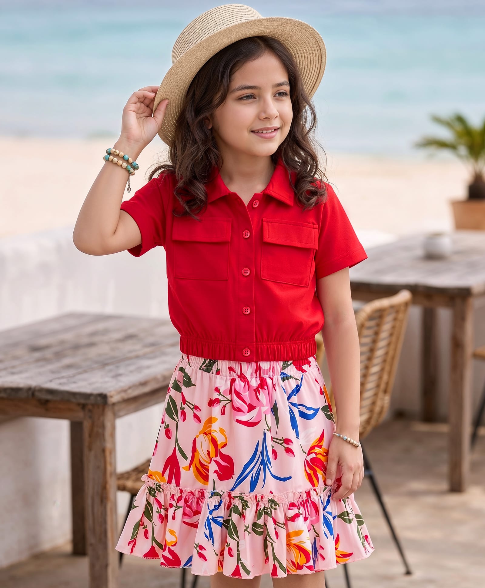 OLLINGTON ST.Sinker Knit Half Sleeves Floral Printed Top & Skirt Set - Red-image-37