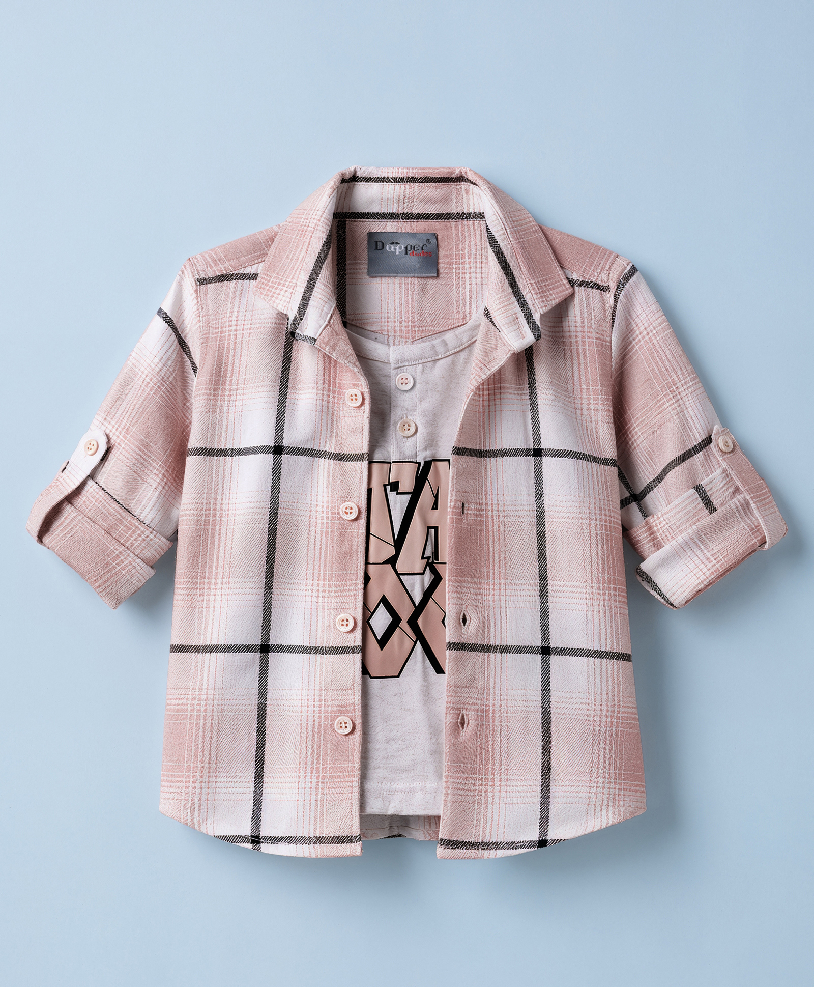 Dapper Dudes Cotton Woven Full Sleeves Checked Shirt With Attached Tee Peach 2-3 Years-image-43