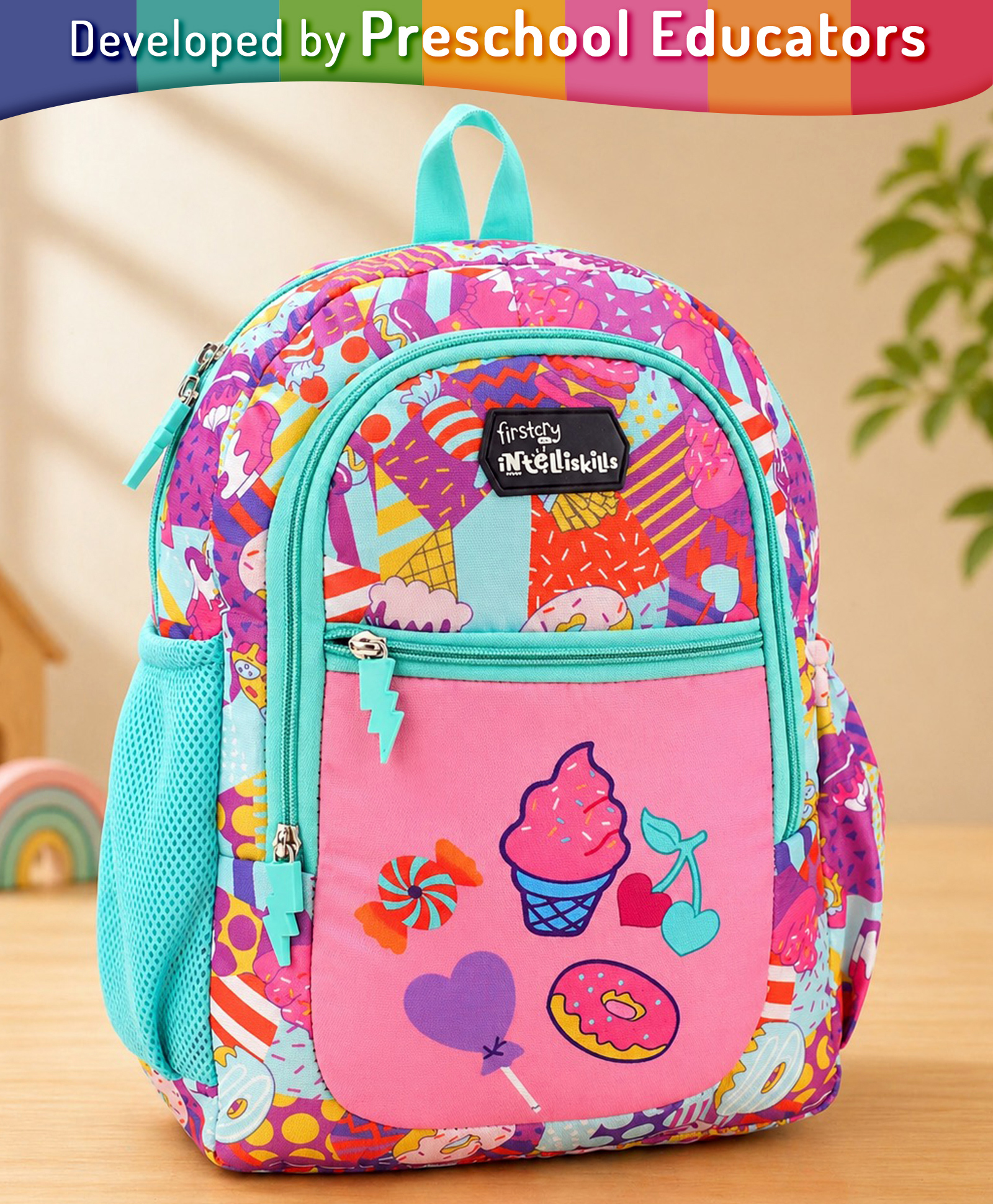 Intelliskills Munch Mania Backpack for Kids |Premium Quality School Bag |9.96 L| 11.2 x 4 x 13.5 inch| Multicoloured | Lightweight, Durable Water-Resistant Fabric & Smooth Zippers | Ideal For Gifting-image-9