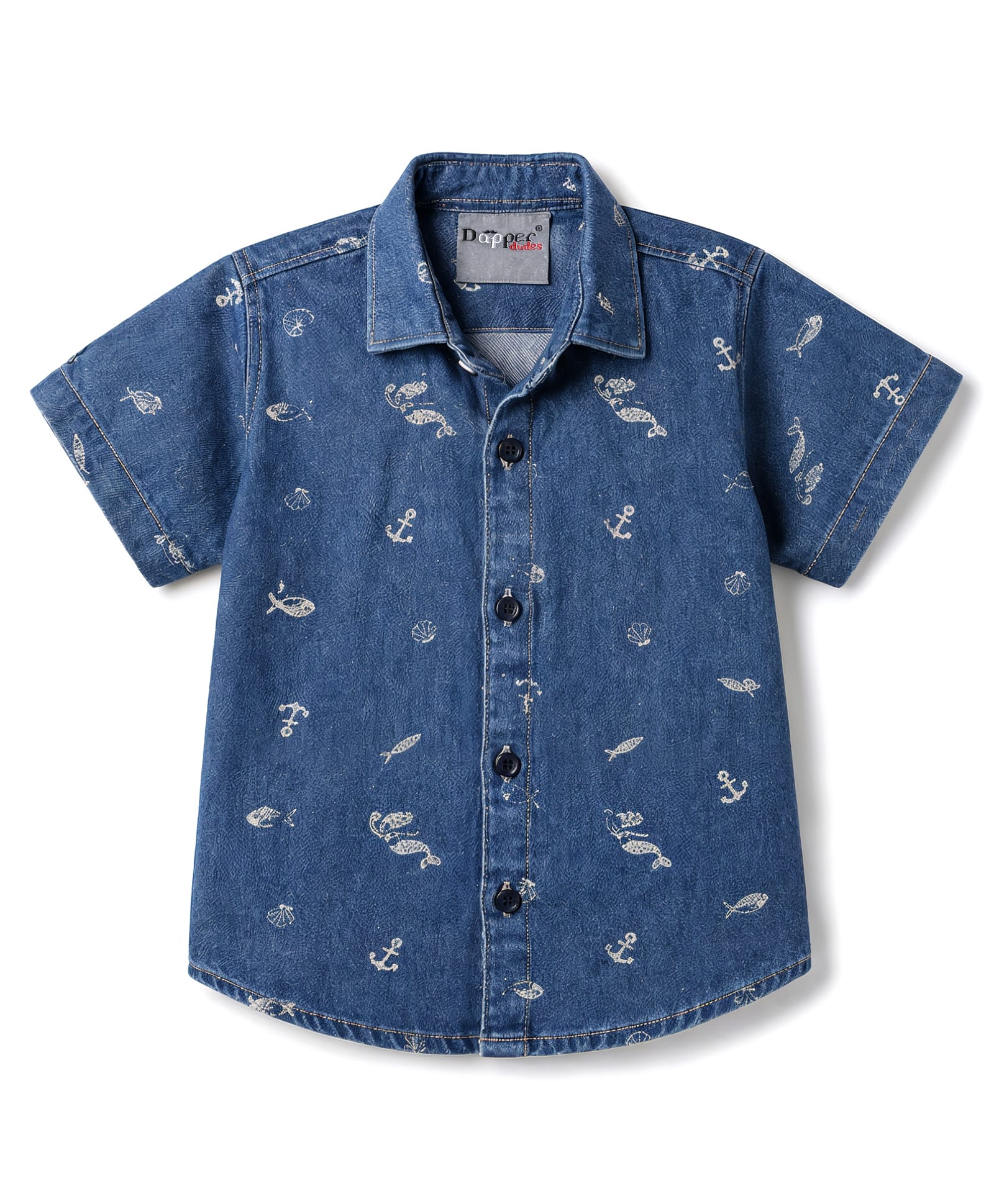 Dapper Dudes Cotton Woven Denim Shirt Half Sleeves Printed Blue 7-8 Years-image-18