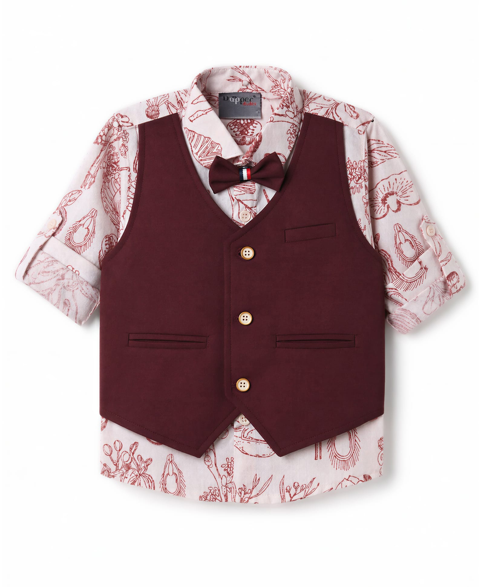 Dapper Dudes Woven Full Sleeves Floral Printed Shirt With Attached Waistcoat & Bow - Maroon-picture-26