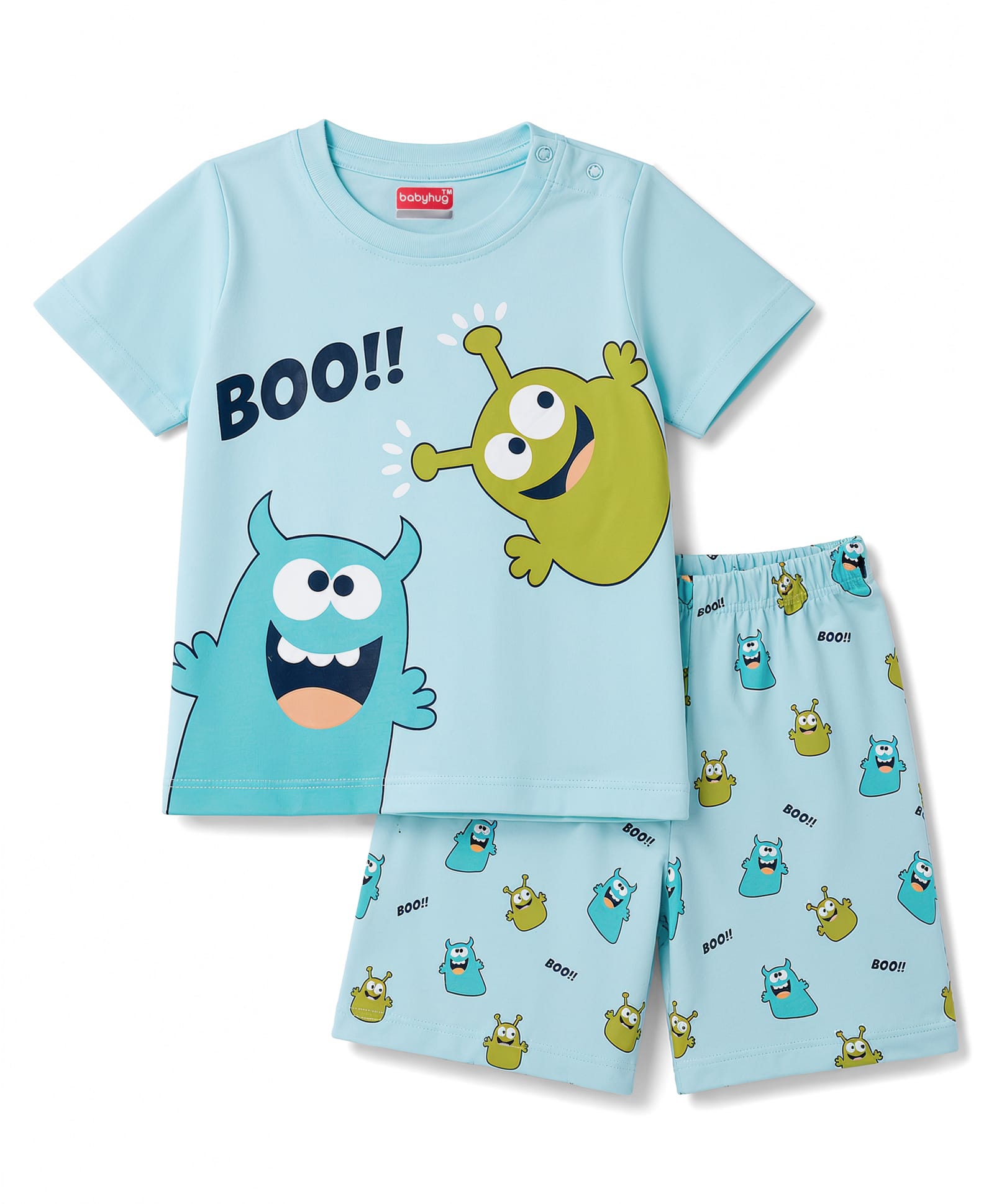 Babyhug Cotton Knit Half Sleeves Monster Printed T-Shirt & Shorts Night Suit -Blue-image-16