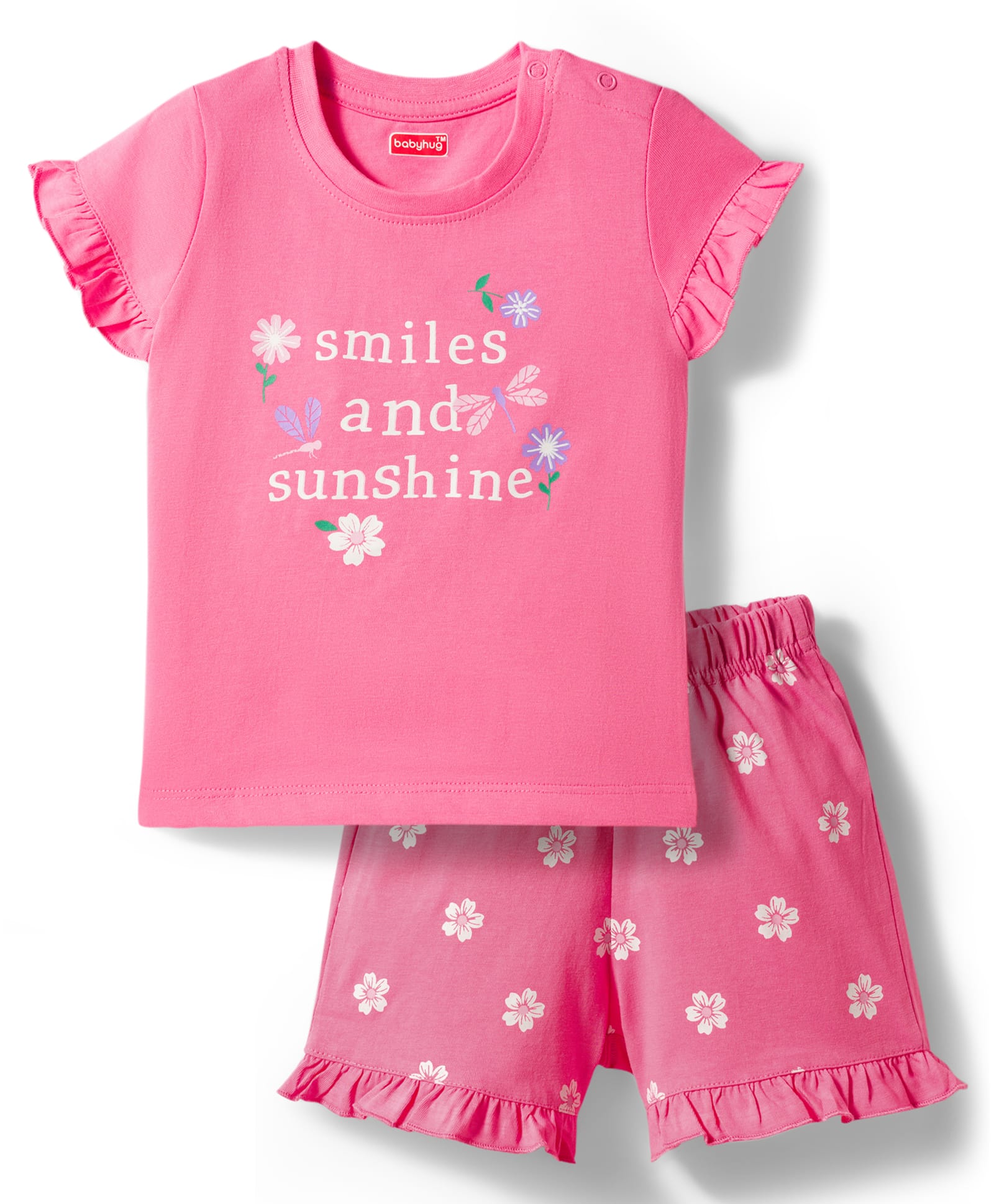 Babyhug Cotton Knit Half Sleeves T-Shirt & Shorts Night Suit With Floral Print - Pink-image-29