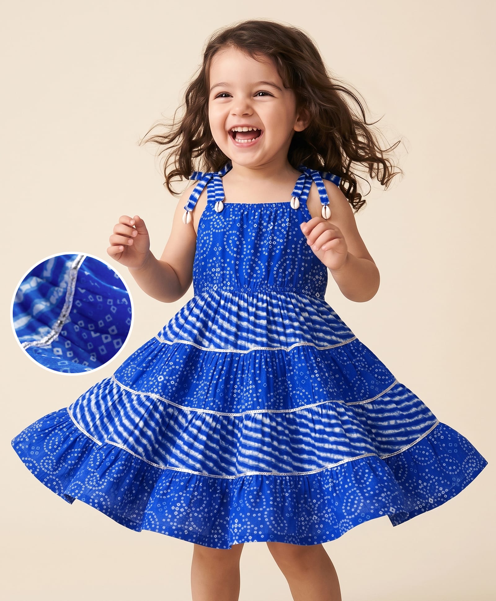 kookie kids india Kookie Kids 100% Cotton Woven Sleeveless Bandhani Printed Tiered Frock - Blue-picture-38