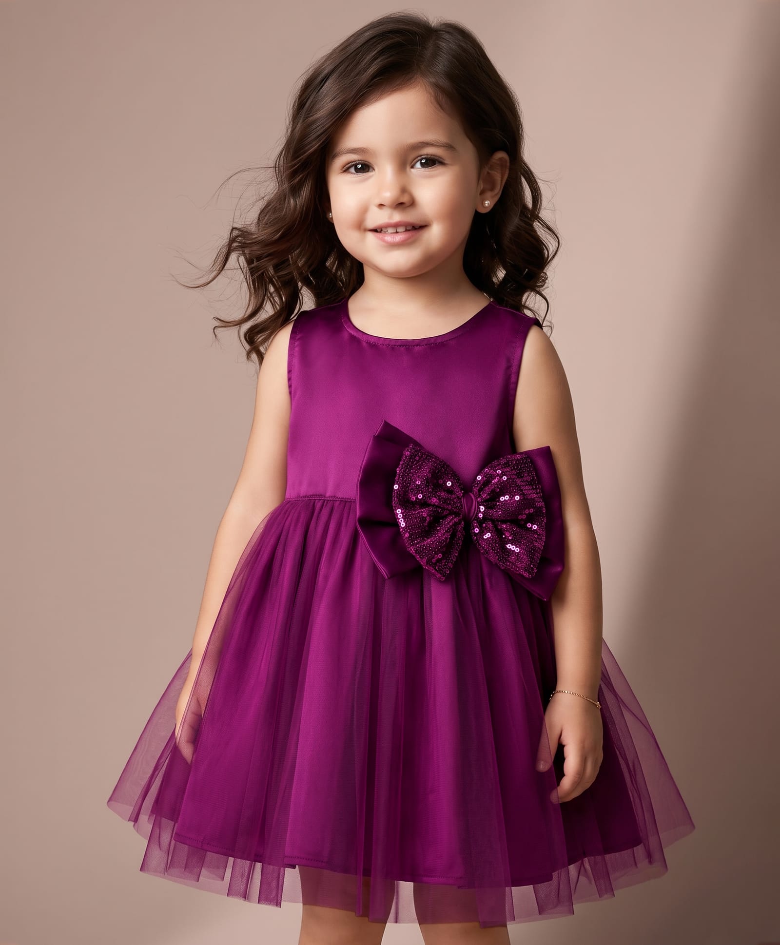 Kookie Kids Woven Sleeveless Solid Colour Fit & Flare Party Dress with Sequinned Bow Applique - Purple-image-7