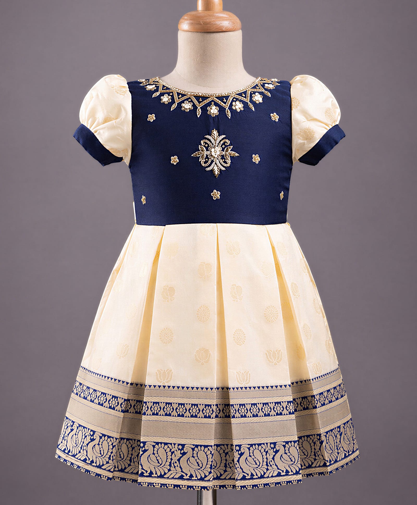 Enfance Silk Woven Half Sleeves Banarasi Printed & Floral Embroidered Pattu Pavdai Dress - Navy Blue-picture-7