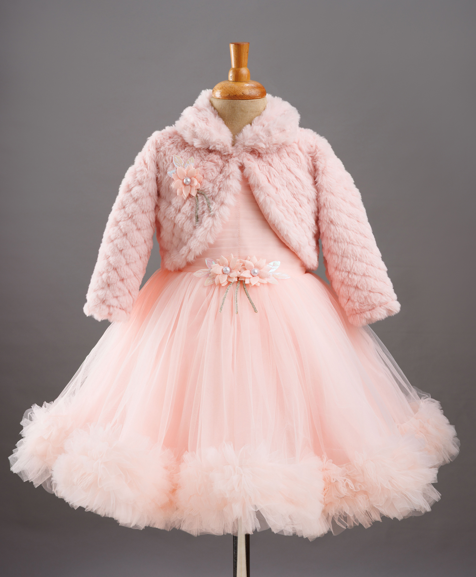 Enfance Net Woven Party Dress with Full Sleeves Fur Jacket - Peach-image-34