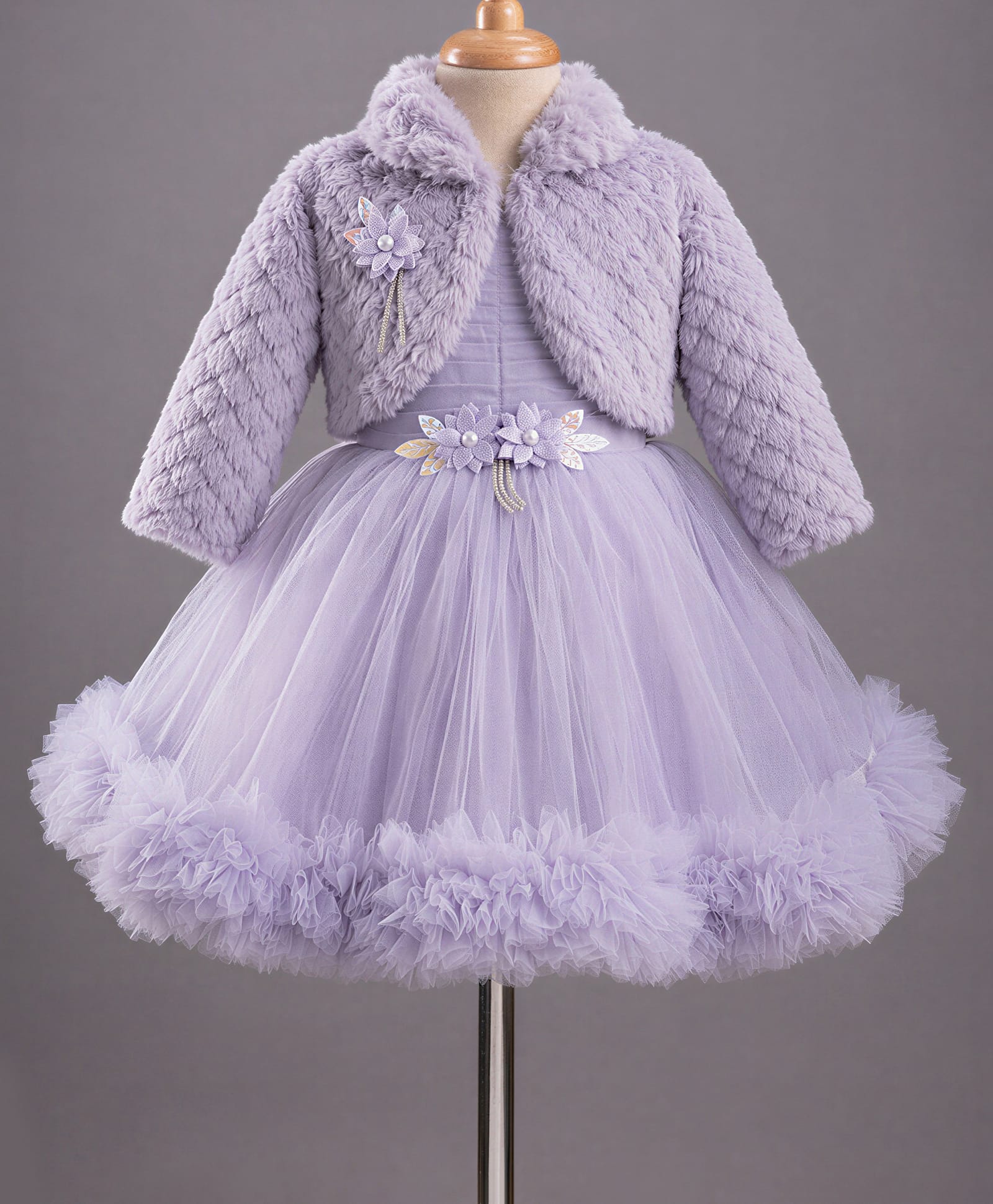 Enfance Net Woven Party Dress with Full Sleeves Fur Jacket - Purple-picture-5