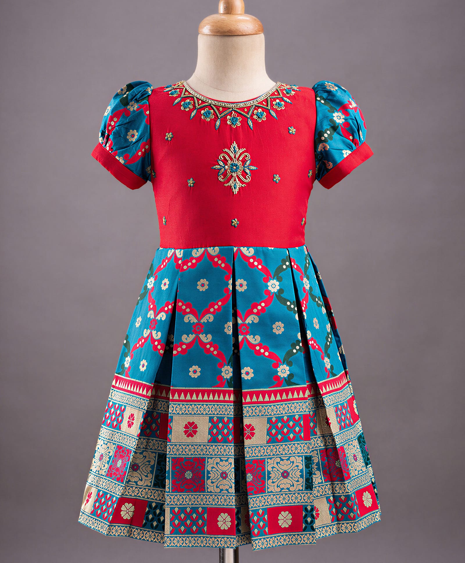 Enfance Silk Woven Half Sleeves Banarasi Printed & Floral Embroidered Pattu Padvai Dress - Dark Pink-image-21