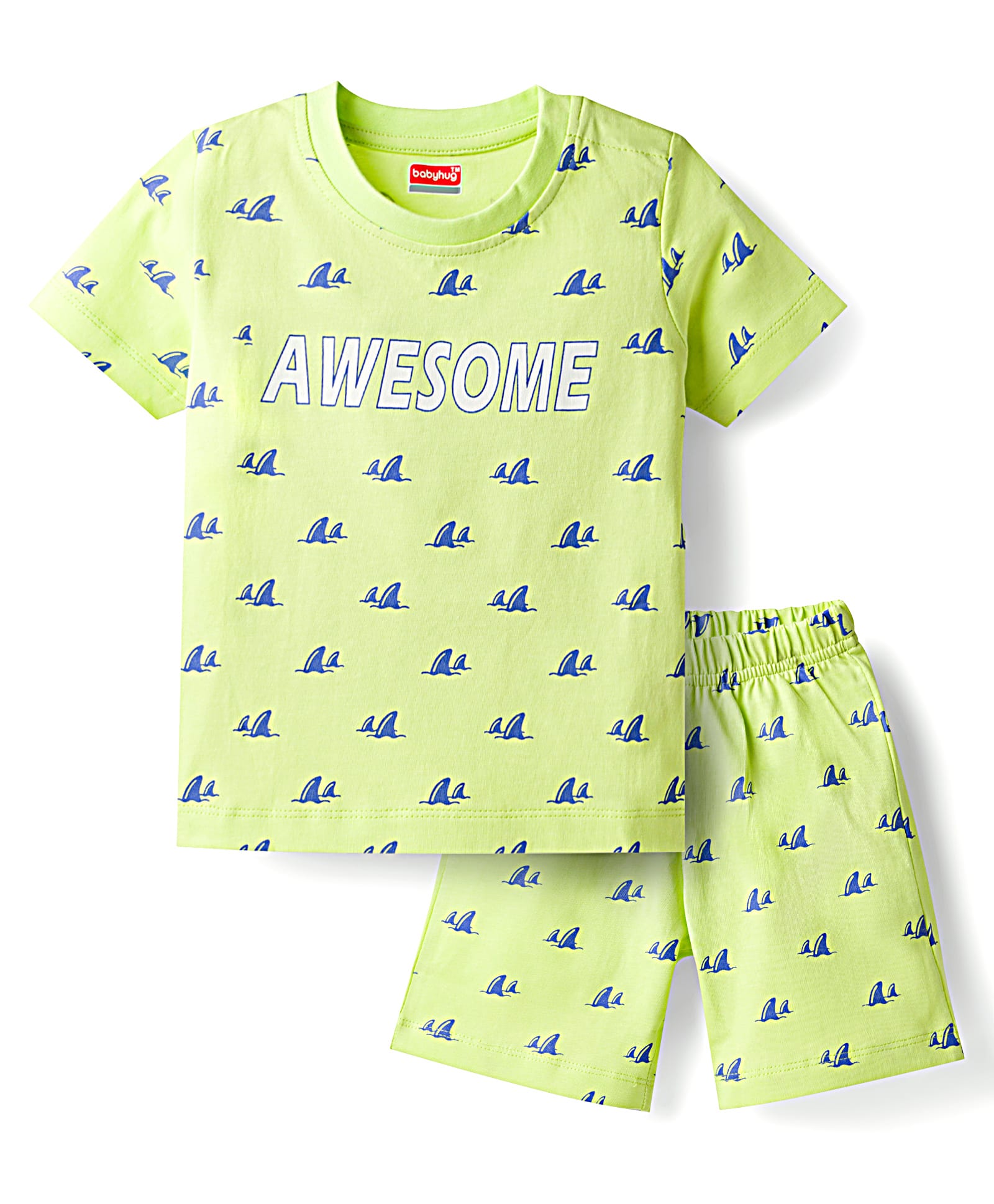 Babyhug Cotton Knit Half Sleeves Sea Life Printed Co-Ords T-Shirt & Shorts Night Suit - Lime Green-image-44