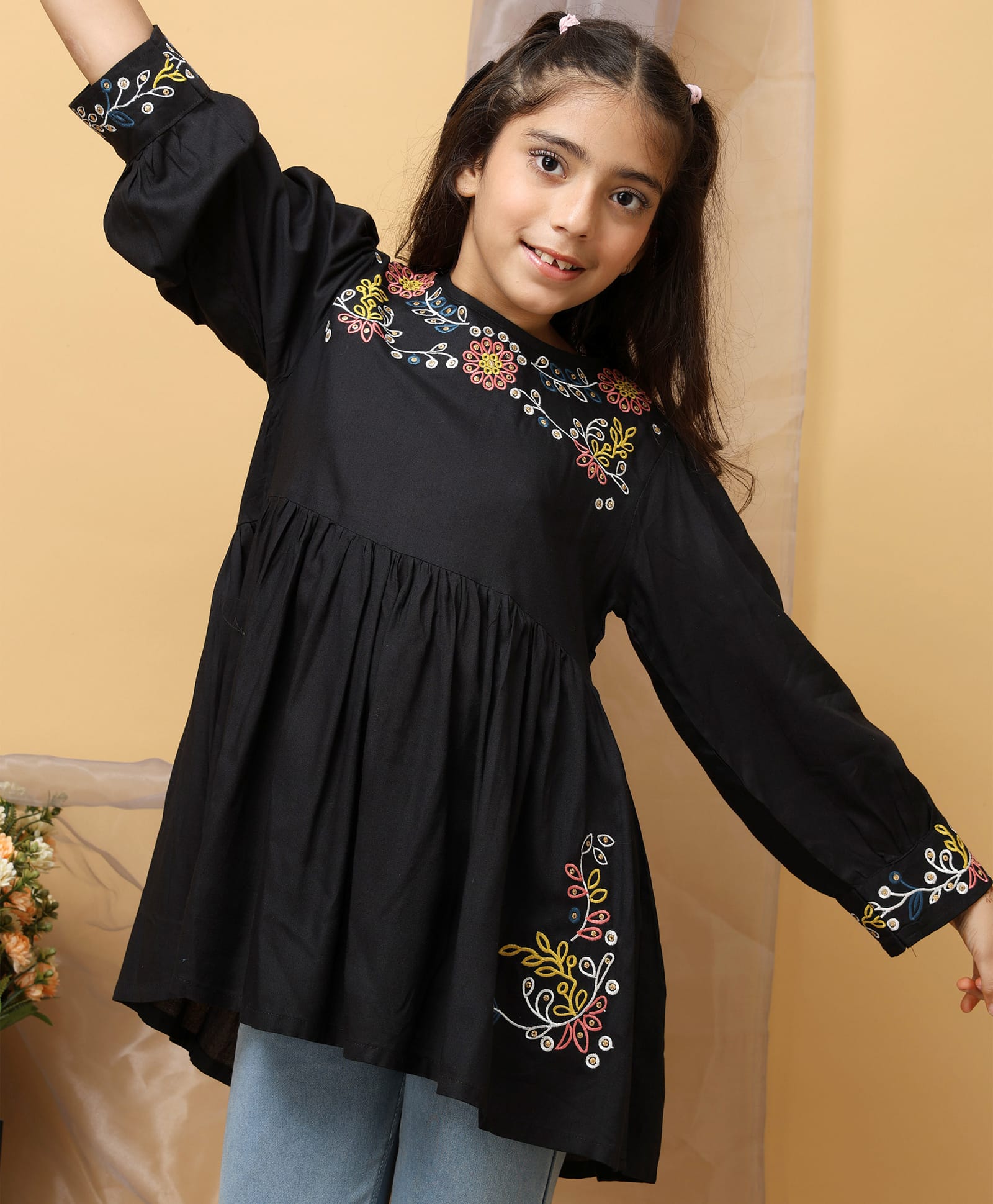 ISHTI Rayon Woven Three Fourth Sleeves Floral Embroidered Top - Black-picture-17