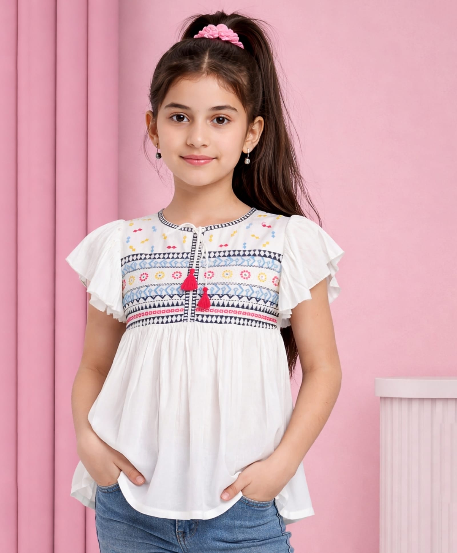ISHTI Rayon Woven Frill Sleeves Abstract Embroidered Top - White-image-2