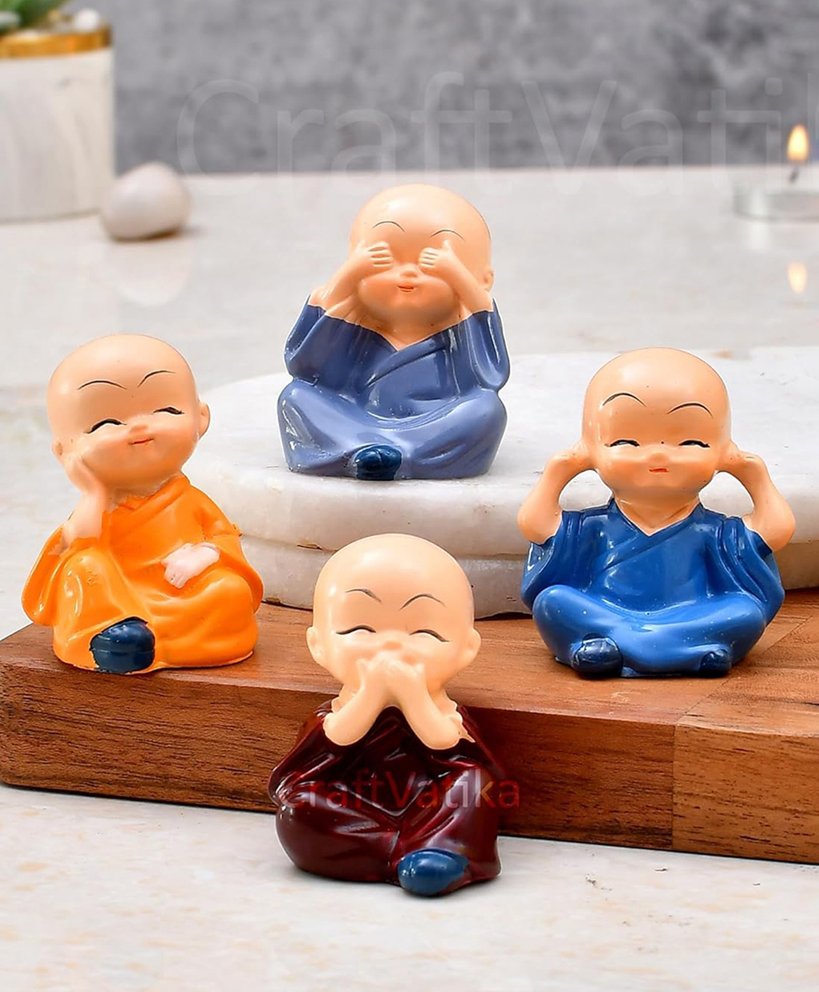 WENS Buddha Monk Set of 4 Statue Figurines Showpiece for Car Dashboard, Table Top, Home Decoration-picture-13