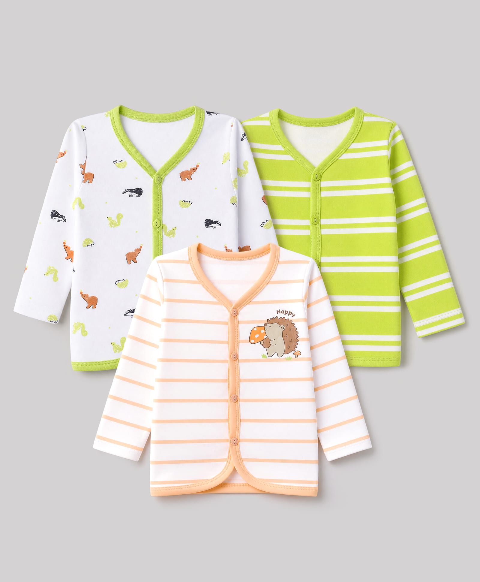 Babyhug Knit Full Sleeves Animal & Stripe Printed Jhablas Pack of 3 - Green white & Pink-image-38