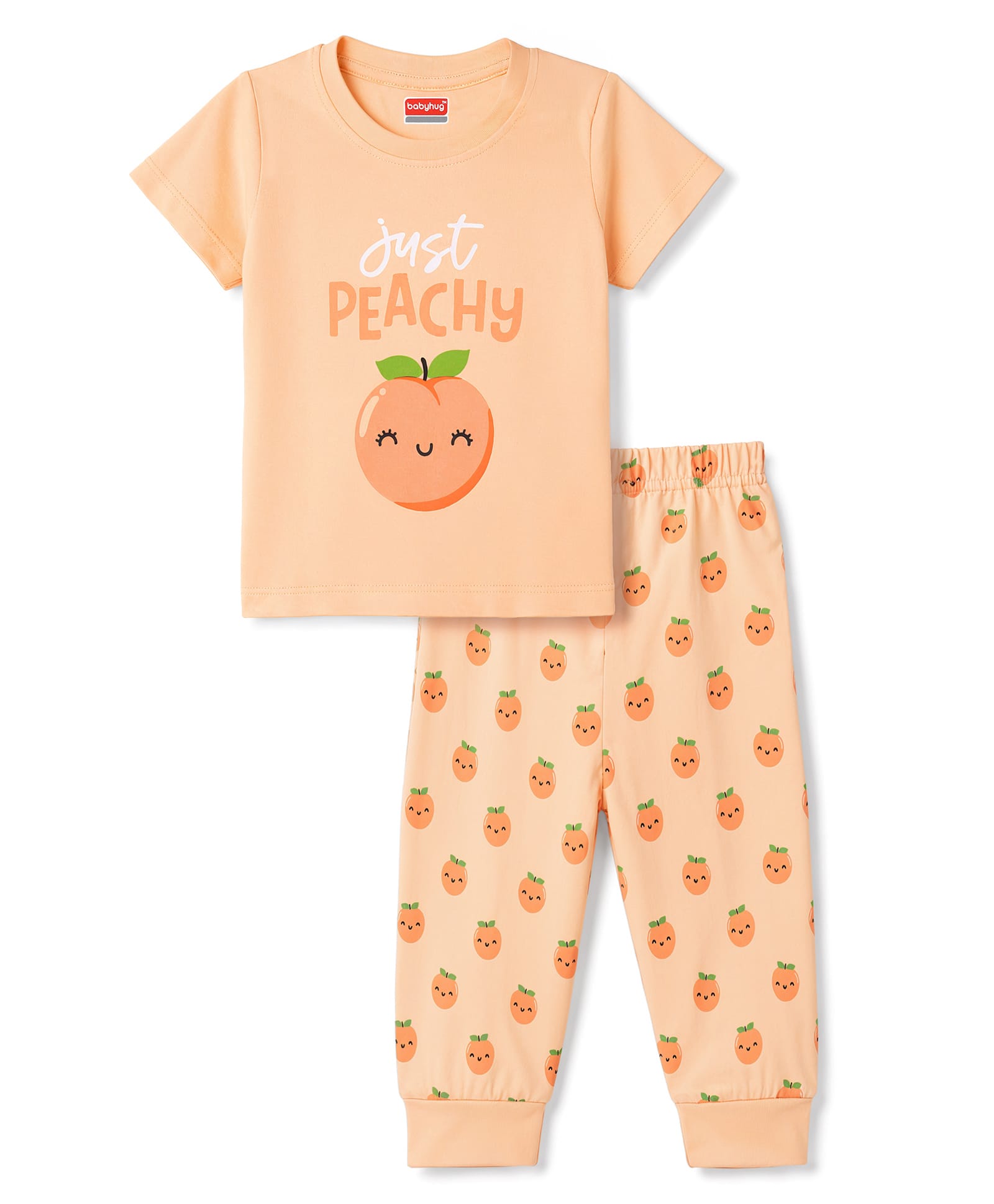 Babyhug Cotton Knit Half Sleeves Tropical Theme Printed T-Shirt & Pyjama Night Suit - Peach-image-19