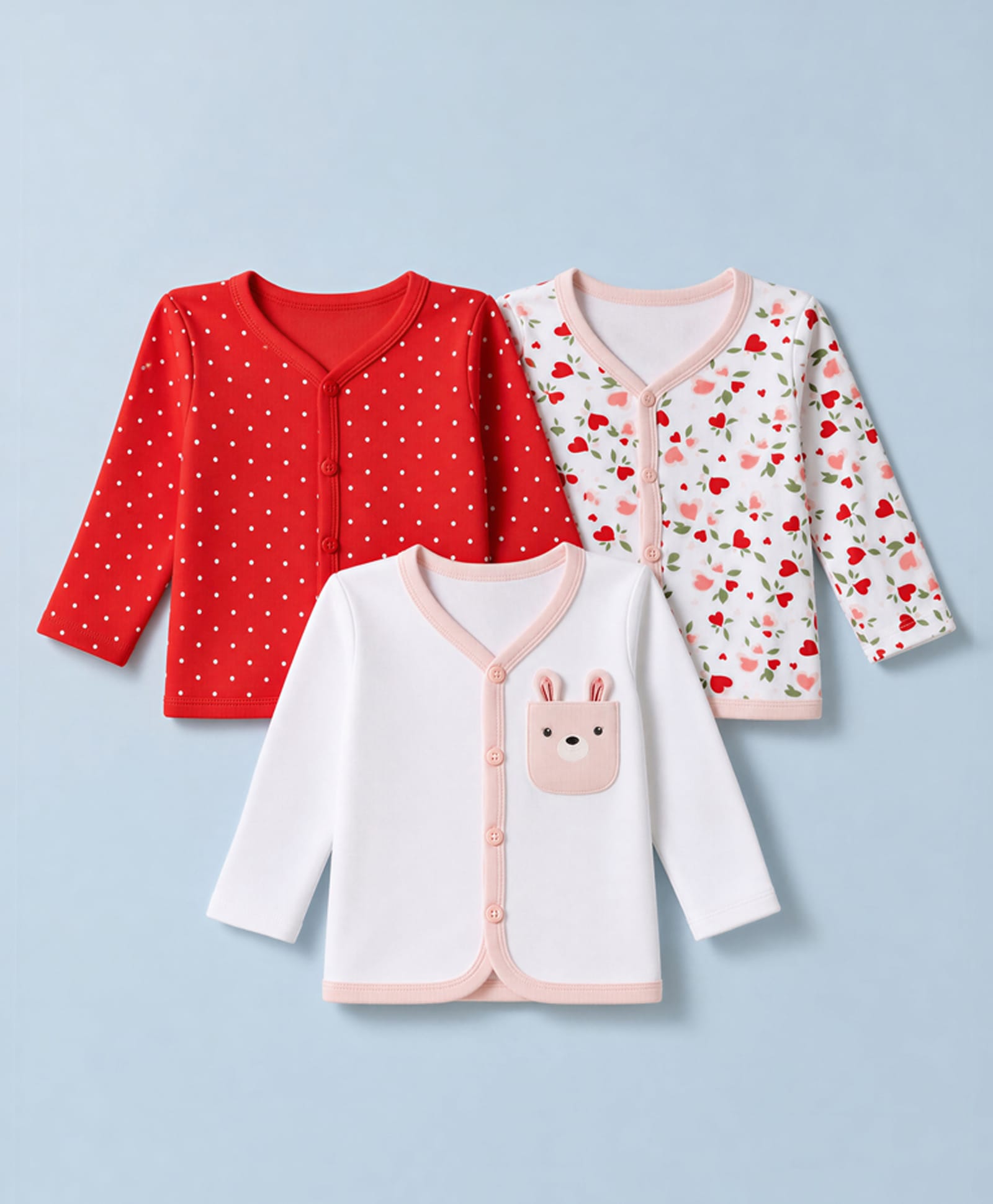 Babyhug Interlock Knit Full Sleeves Jhablas with Polka Dot & Hearts Print Pack of 3 - Red & White-picture-26