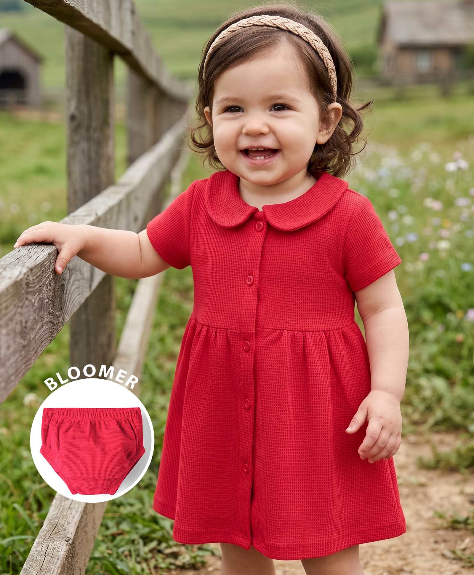 Babyhug Waffle Knit Half Sleeves Solid Textured Frock With Bloomer - Red-image-27